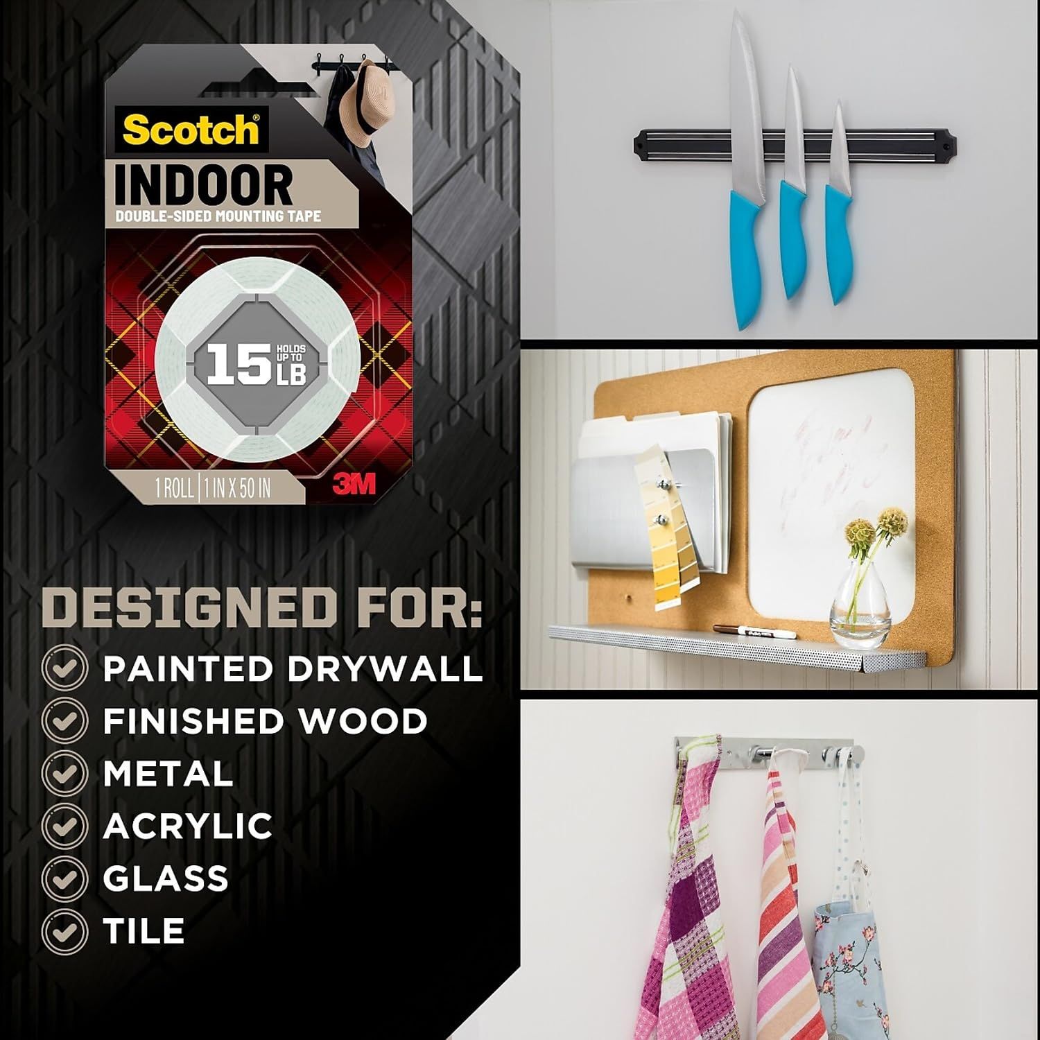 Demonstrates the versatility of the mounting tape by showing it works across multiple surfaces (painted drywall, finished wood, metal, acrylic, glass, tile)…