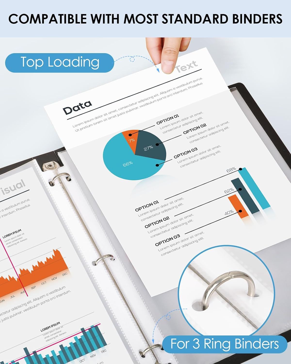 Demonstrates that the product is compatible with most standard binders, specifically highlighting top loading and 3-ring binder functionality to reassure…