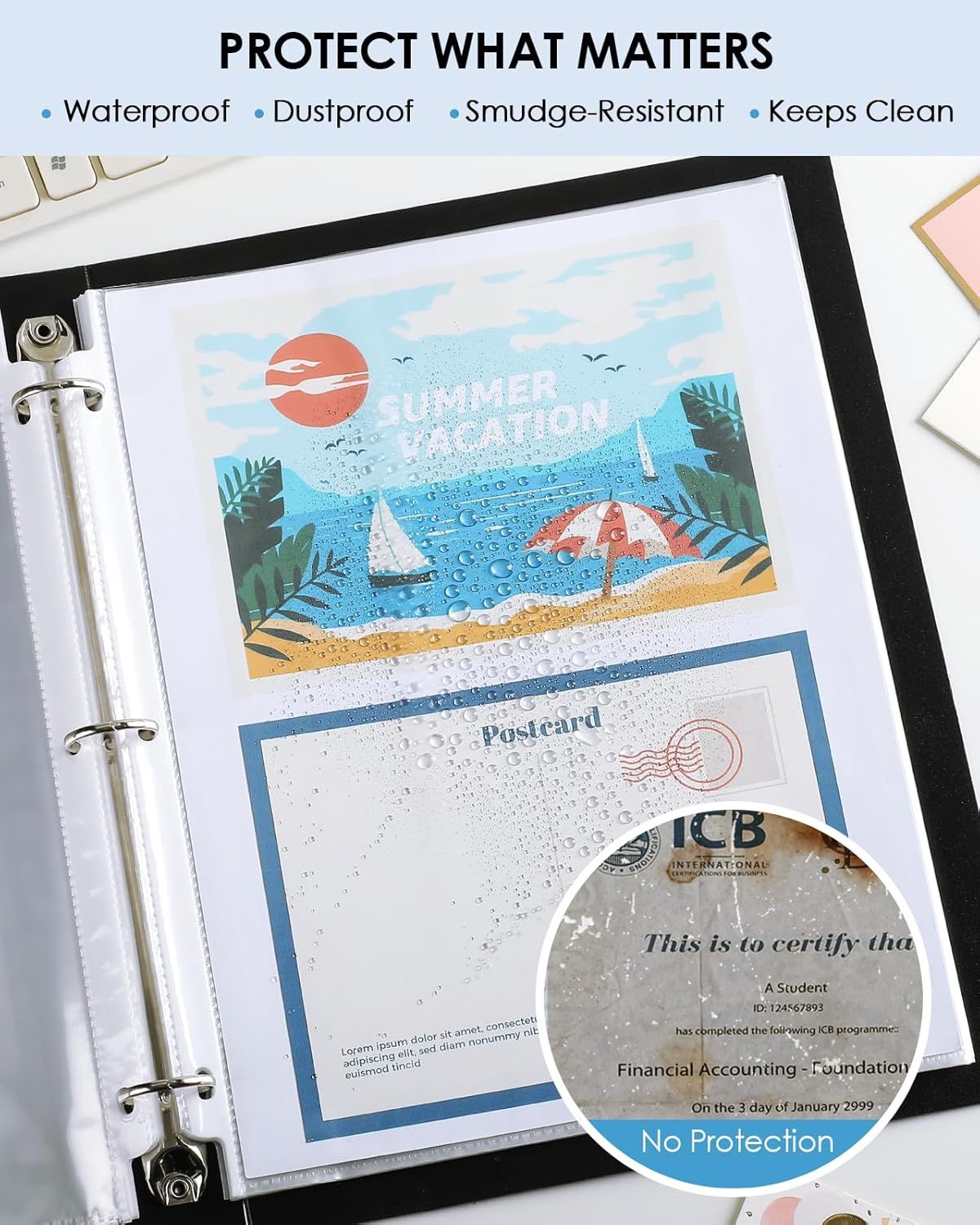 Communicates multiple protective benefits of the product (likely sheet protectors or binder sleeves) to reassure shoppers that their documents, postcards, and…