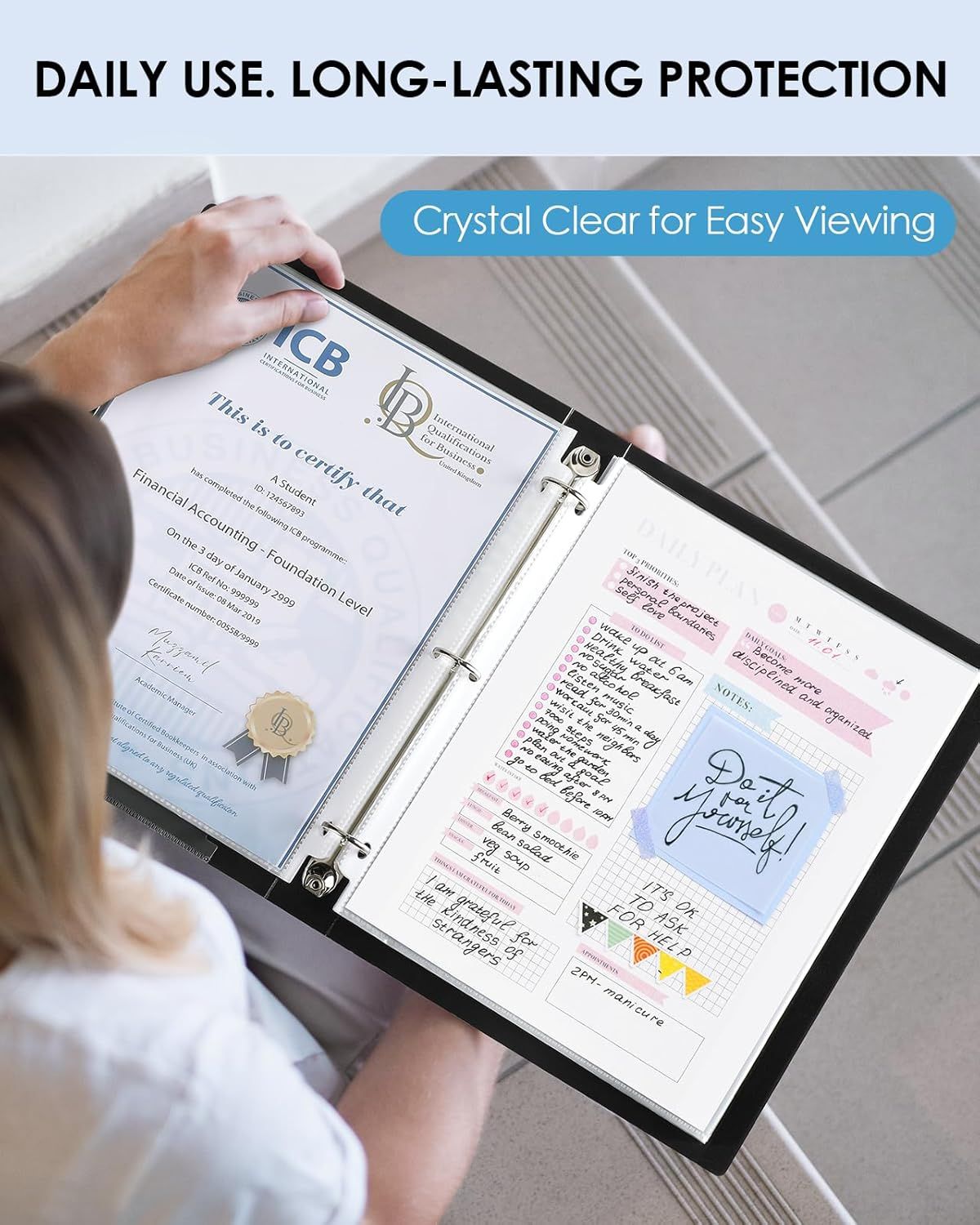 Communicates that the product provides crystal-clear transparency for easy viewing of documents, making it ideal for daily use with long-lasting protection.