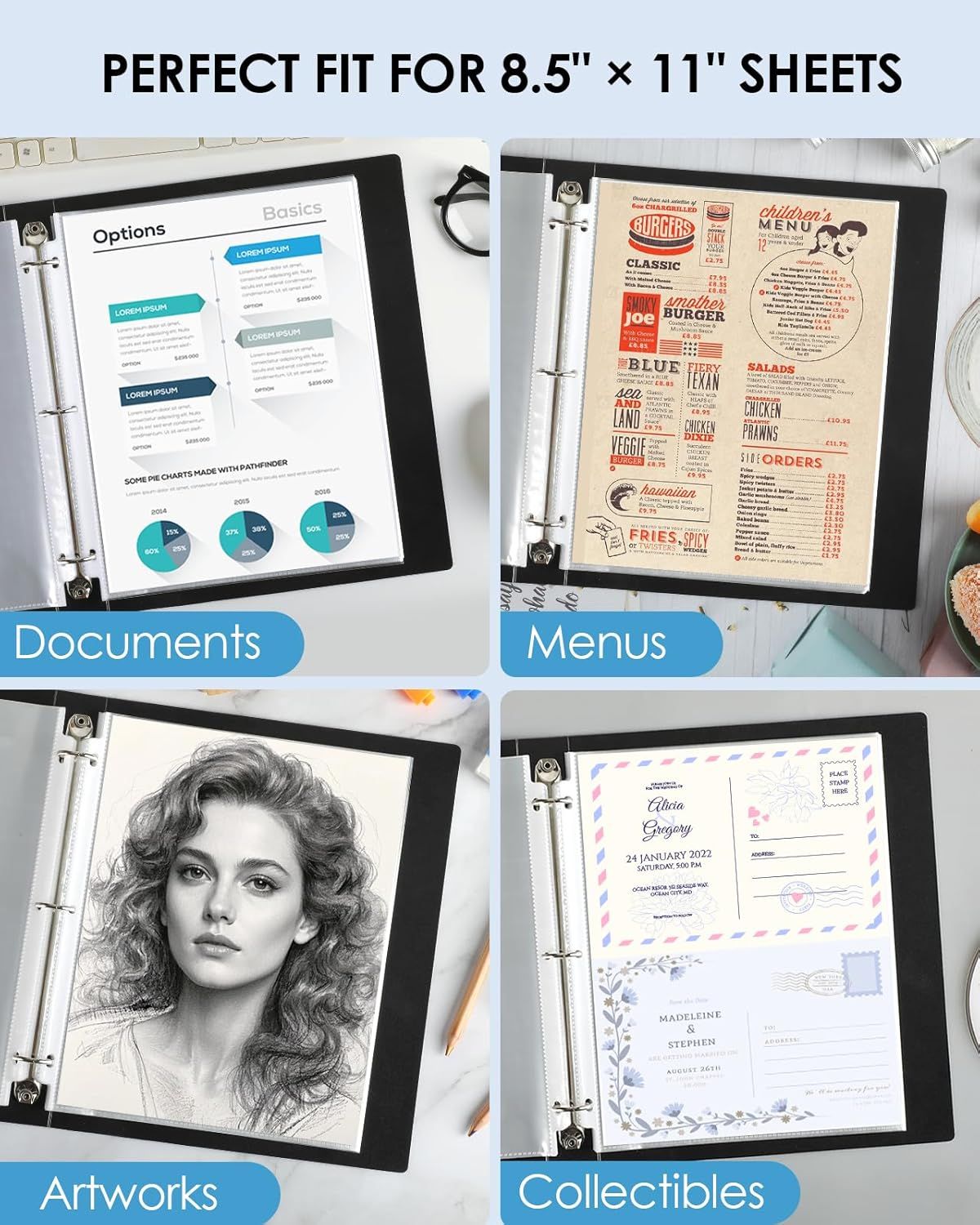 Demonstrates the versatility of the product by showing four distinct use cases where the sheet protectors can be used, reassuring shoppers that this product…