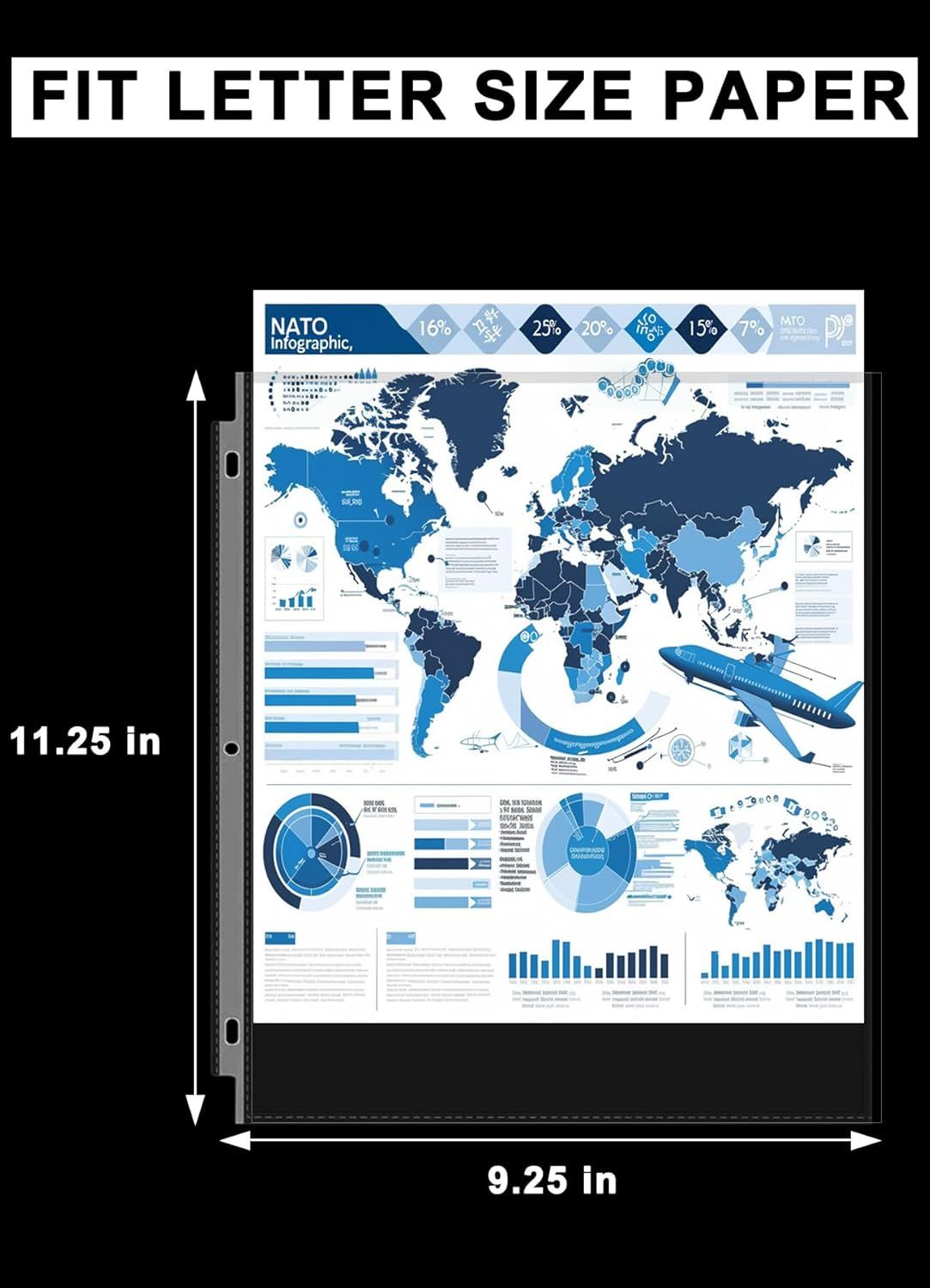 Demonstrates that the sheet protector accommodates standard letter-size paper (8.5 x 11 inches) by showing exact dimensions of 11.25 x 9.25 inches, reassuring…