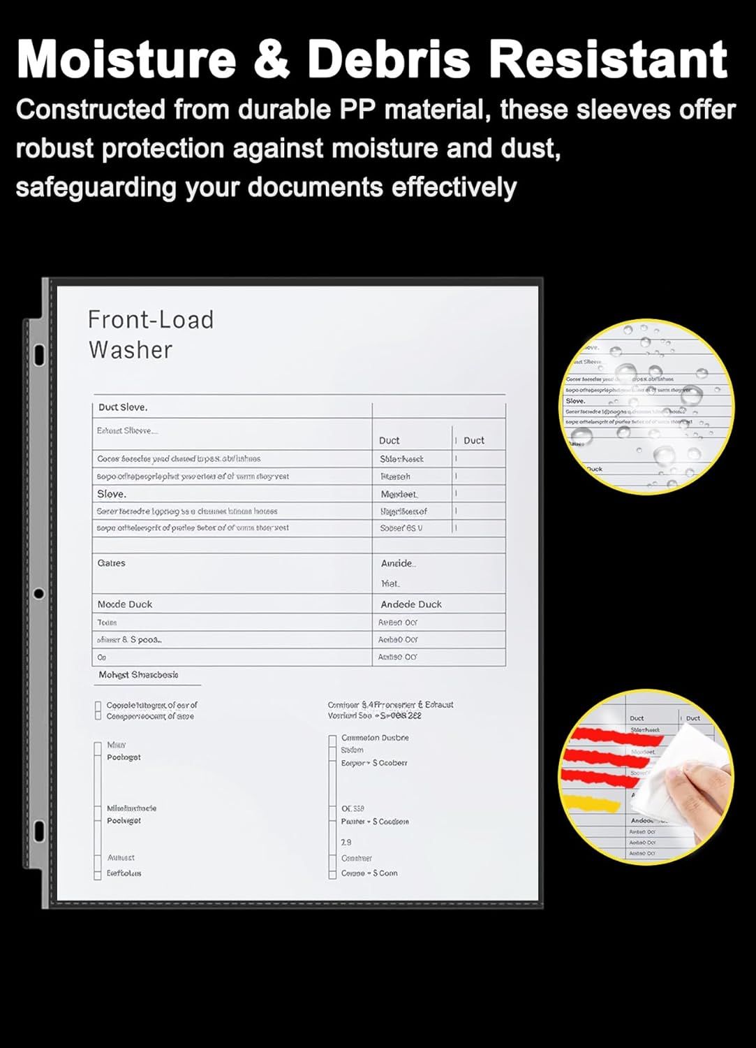 Communicates that the document sleeves are constructed from durable PP material that protects documents from moisture and dust, reassuring shoppers about the…