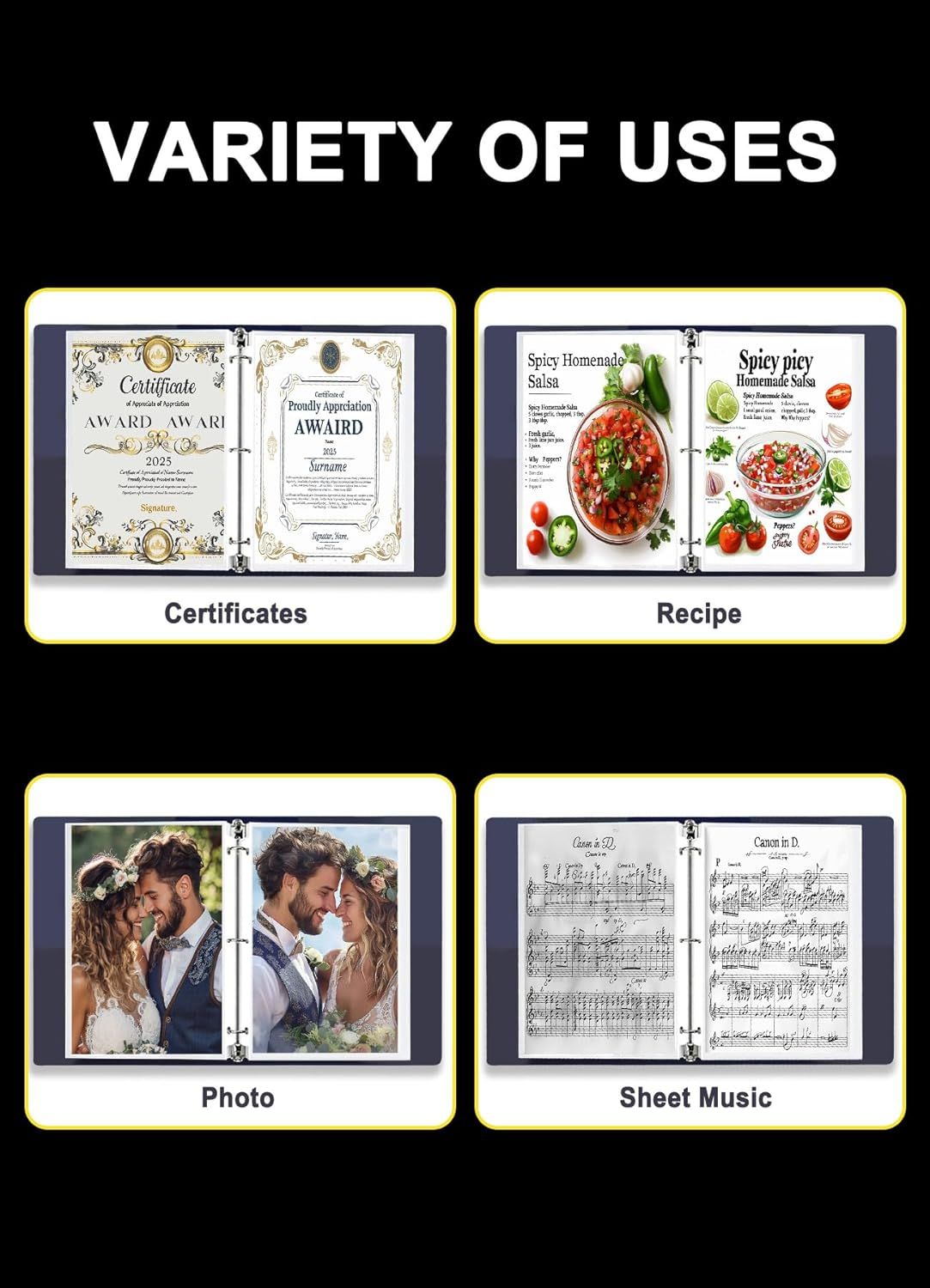 Demonstrates the versatility of the product (likely a binder or display folder) by showing it can be used for multiple different purposes including storing…
