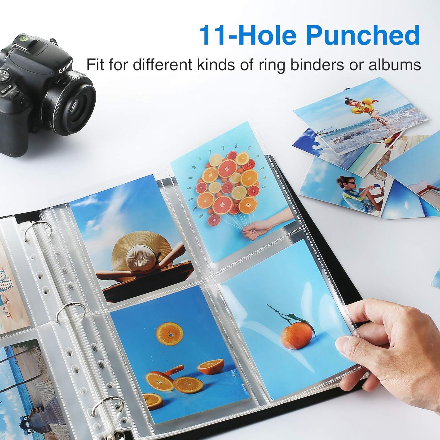 Demonstrates that the photo prints are pre-punched with 11 holes and can be used in different types of ring binders or photo albums, highlighting the…