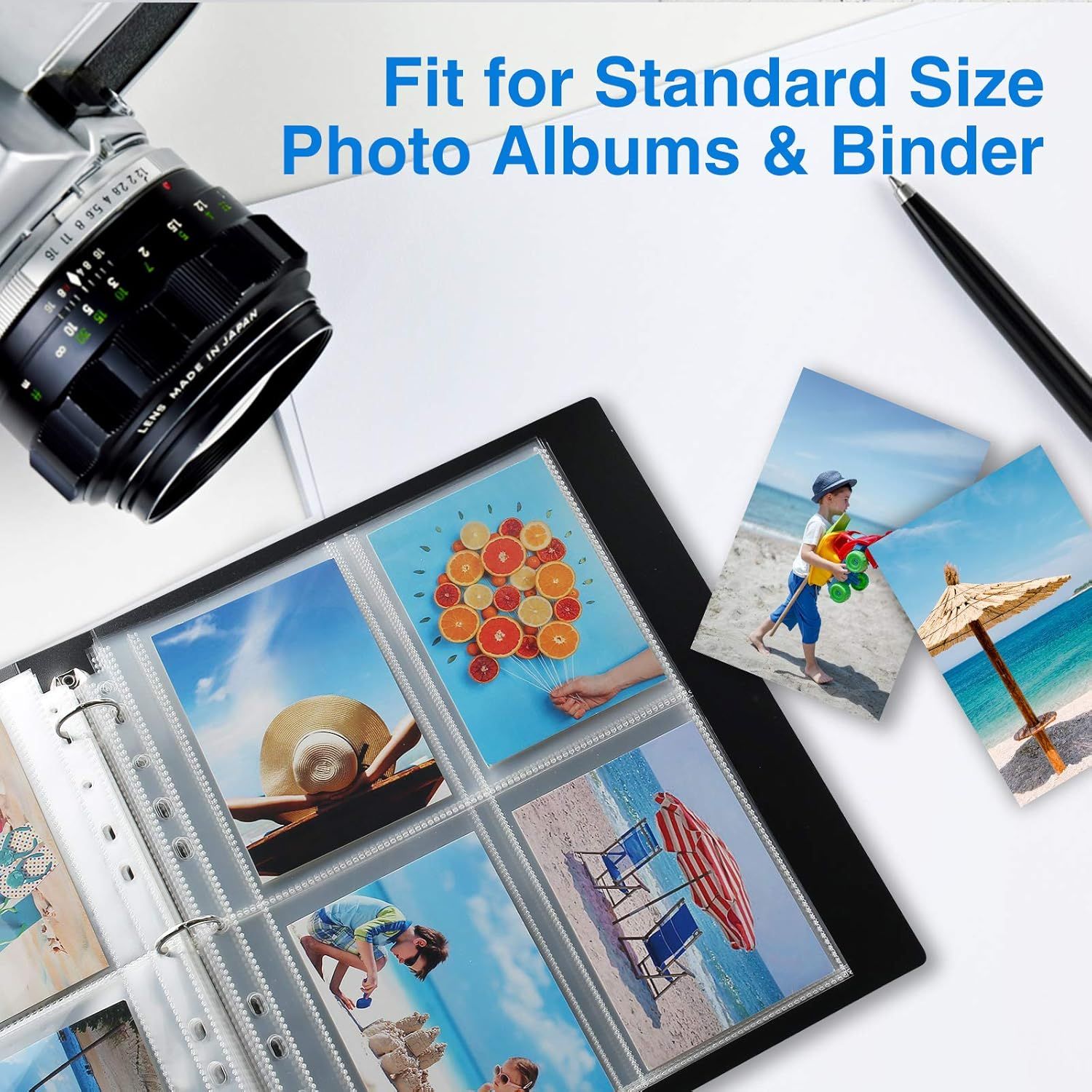 Communicates that the product fits standard size photo albums and binders, reassuring shoppers about compatibility with common storage systems. Highlights the…
