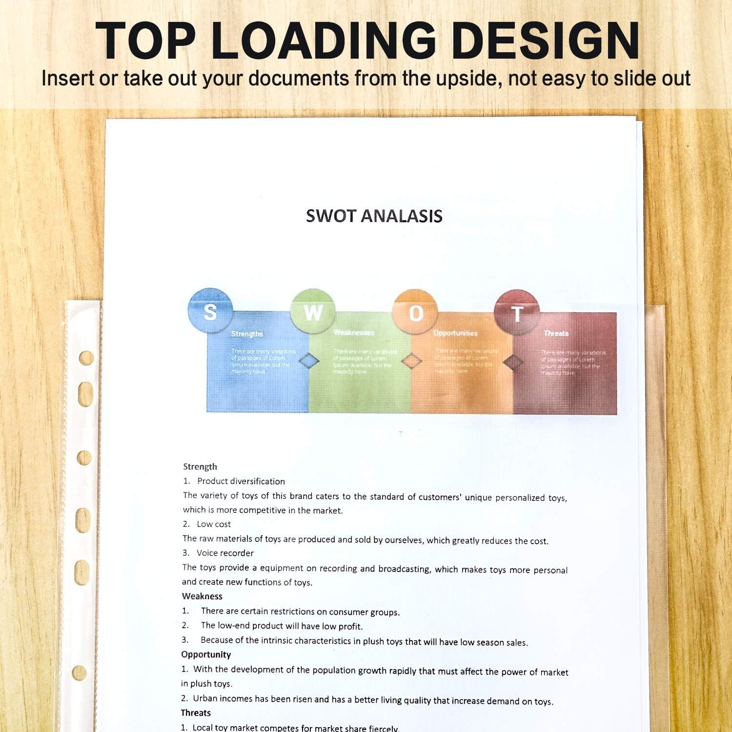 Highlights the top-loading design feature of the product, emphasizing that documents can be inserted or removed from the top and are secure (not easy to slide…
