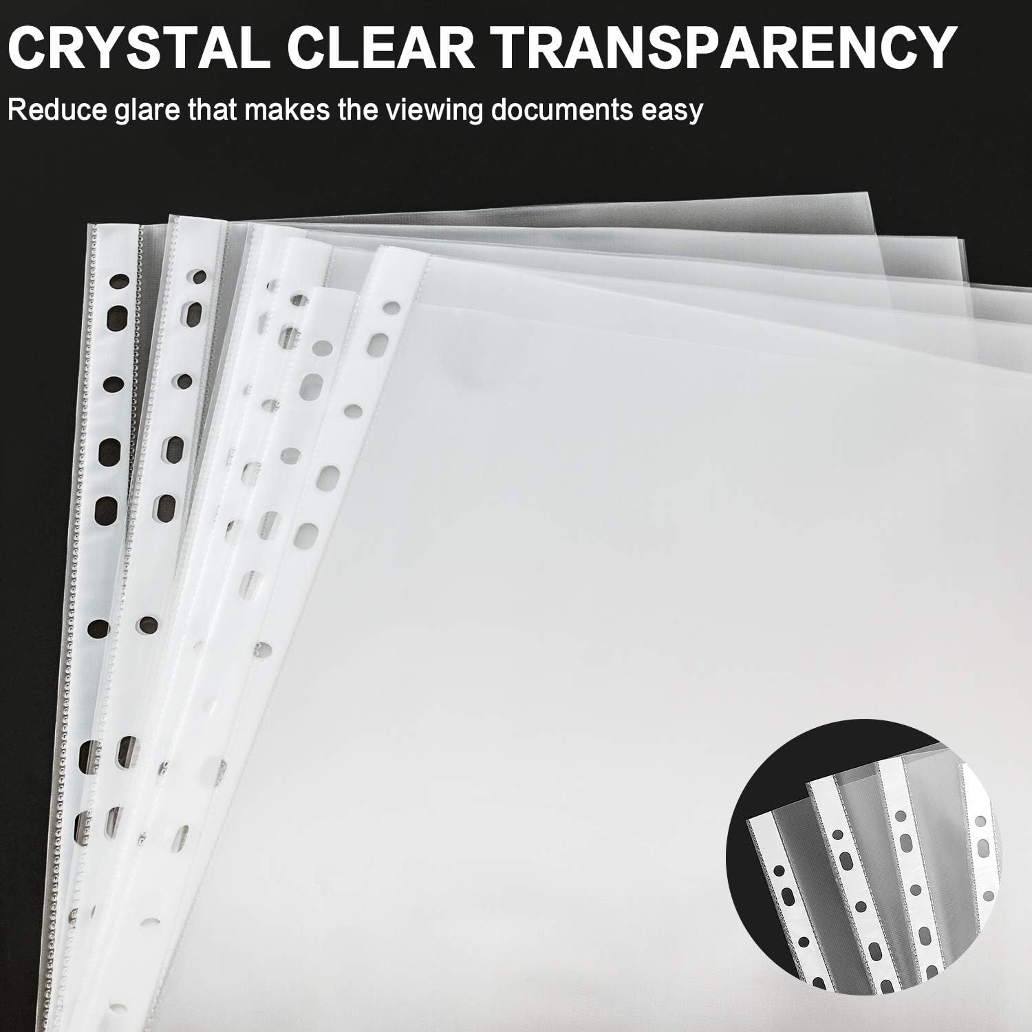 Highlights the product's crystal clear transparency and glare-reduction properties to reassure shoppers that documents will be easy to view through these…