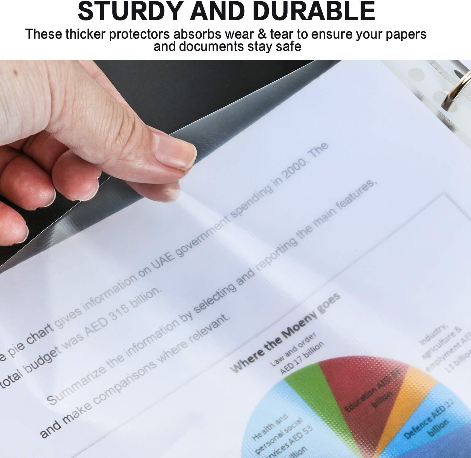 Communicates that the thicker protectors are durable and absorb wear and tear to keep papers and documents safe, reassuring shoppers about product quality and…