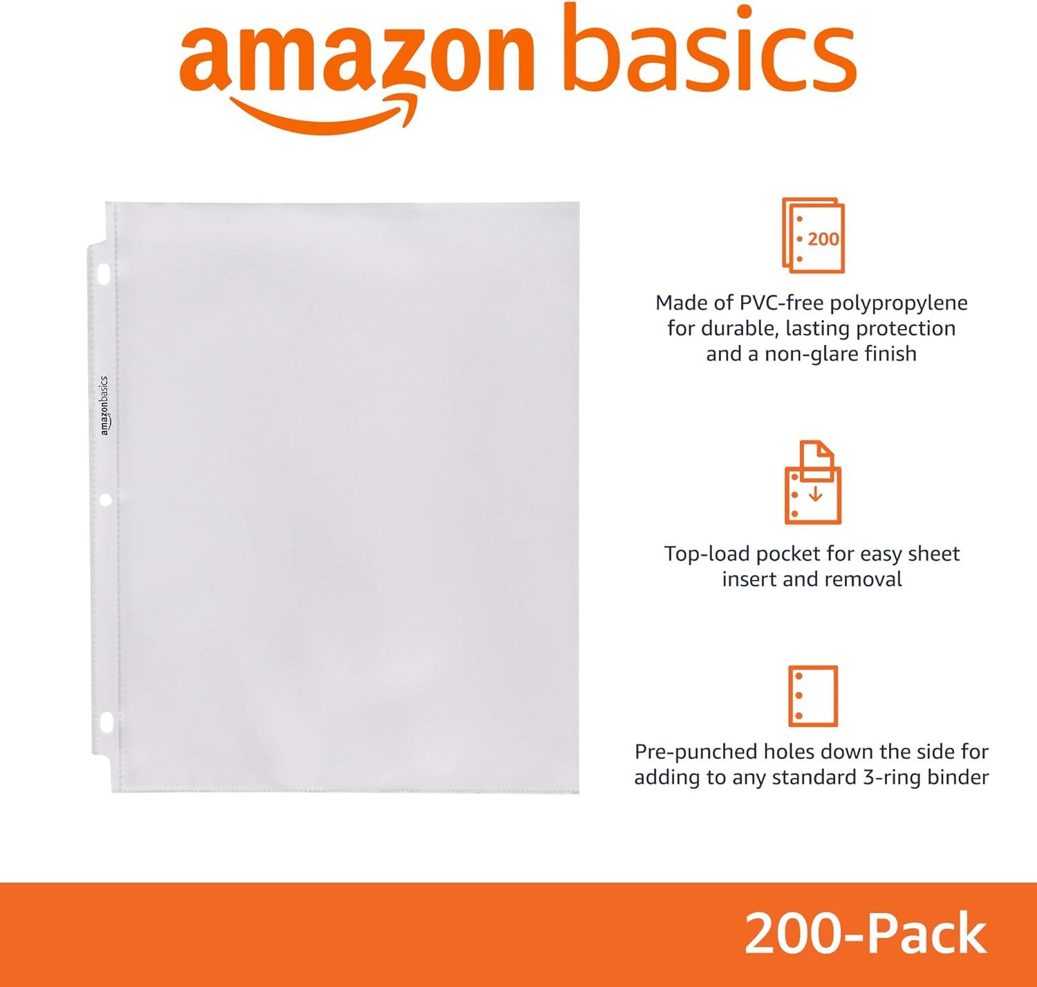 Communicates multiple key benefits of the sheet protectors in a segmented layout: durable material, easy insertion/removal, and binder compatibility to help…