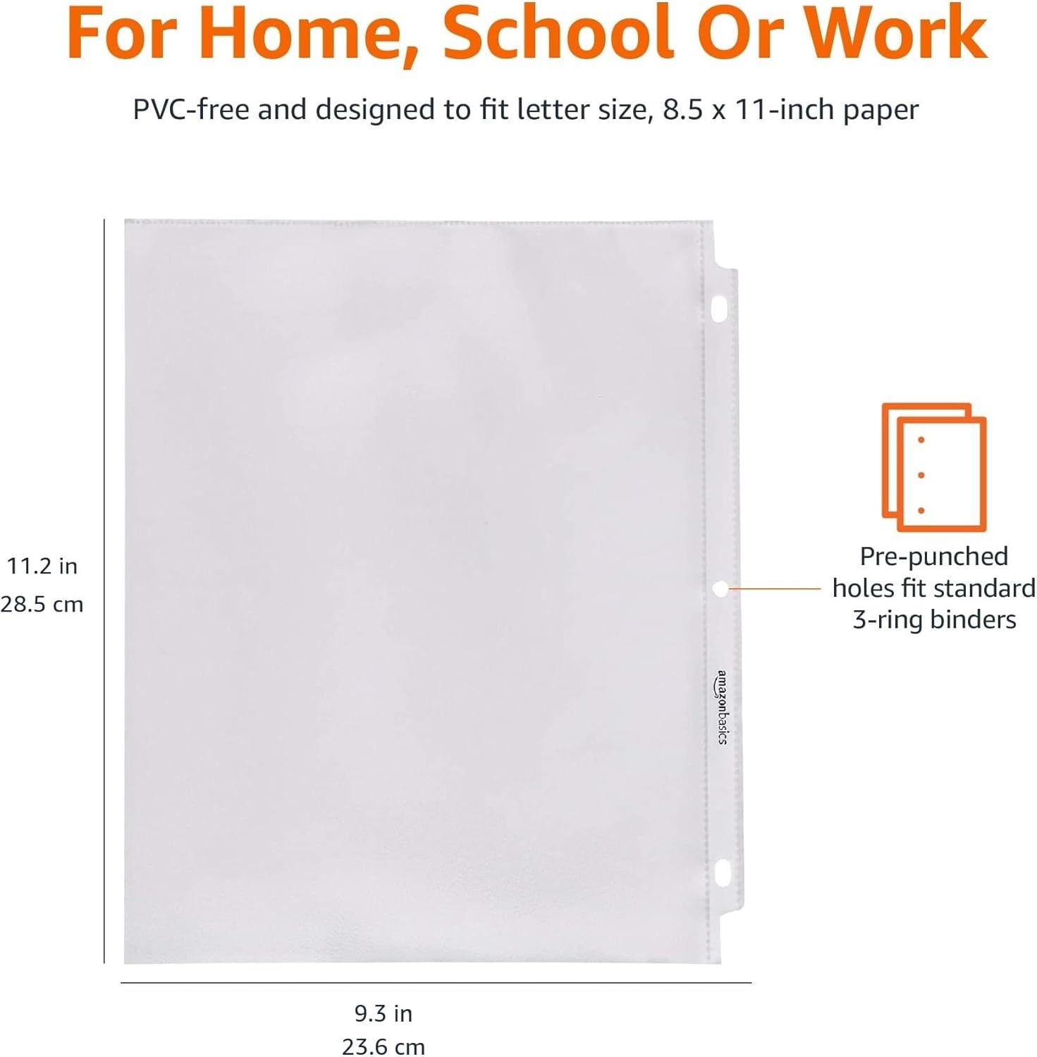 Communicates the exact physical dimensions of the product (11.2 x 9.3 inches) and confirms it fits standard letter-size paper and 3-ring binders, helping…