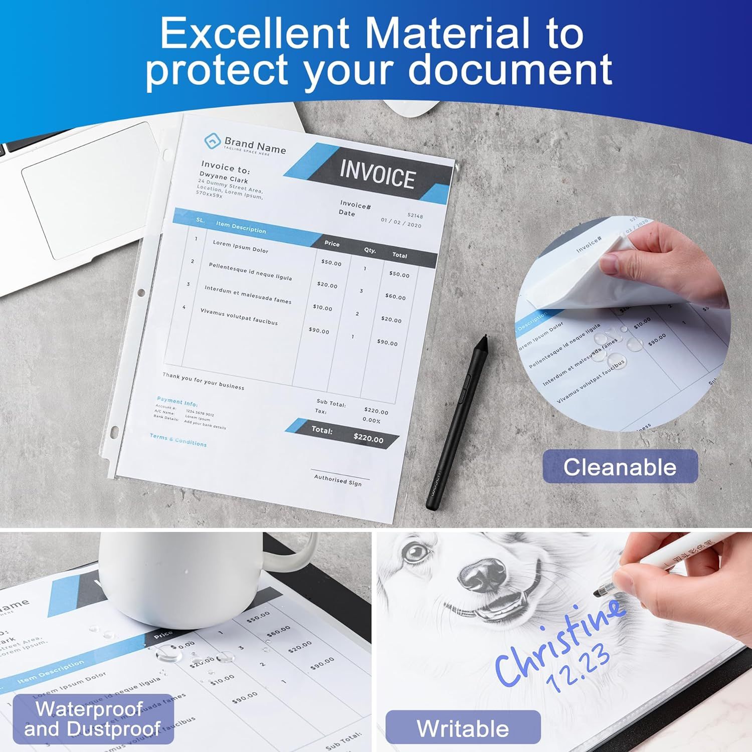 Communicates multiple protective and functional benefits of the document sleeve or protector, showing it protects documents while remaining waterproof,…