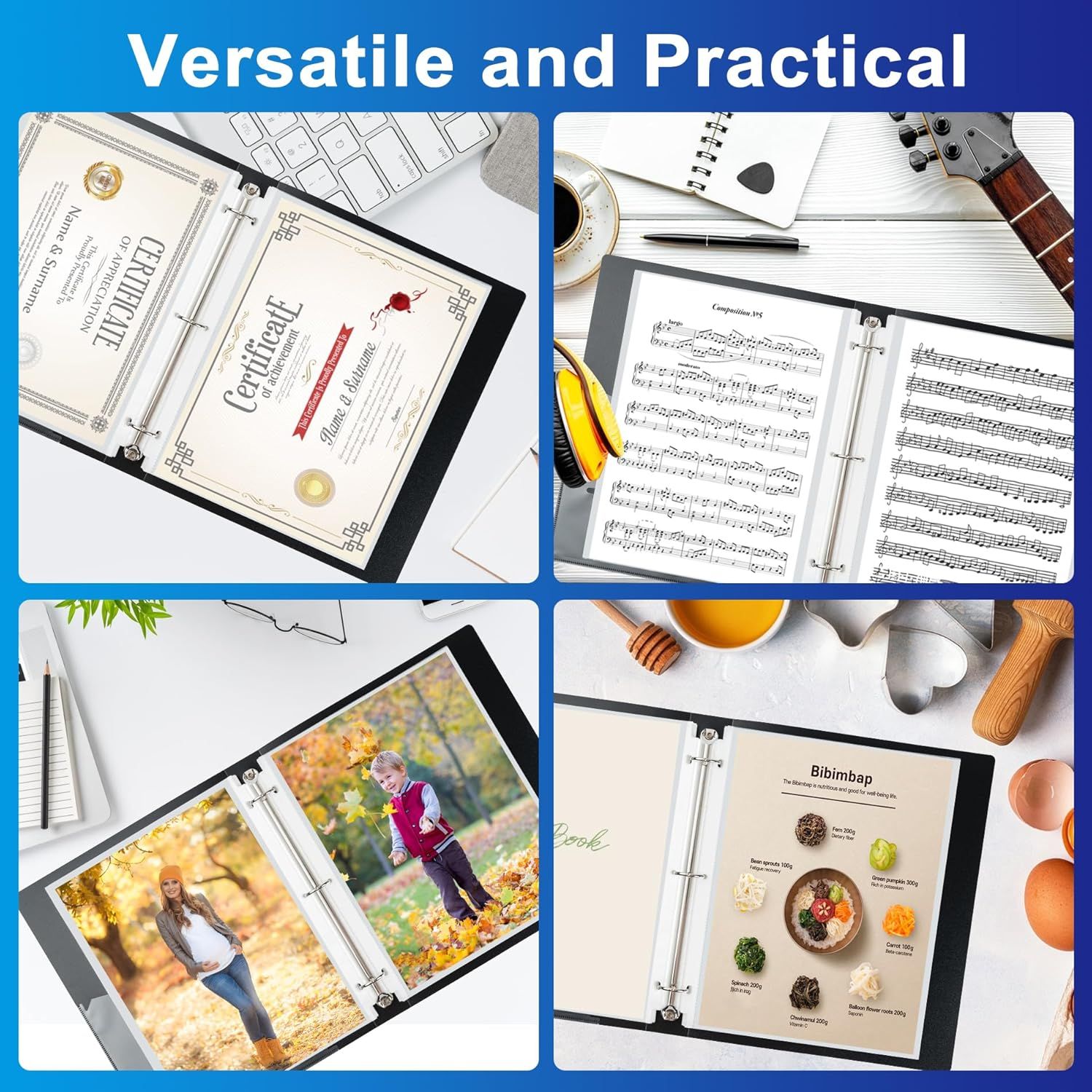 Demonstrates the product's versatility by showing four distinct use scenarios—storing certificates, organizing sheet music, creating photo albums, and…
