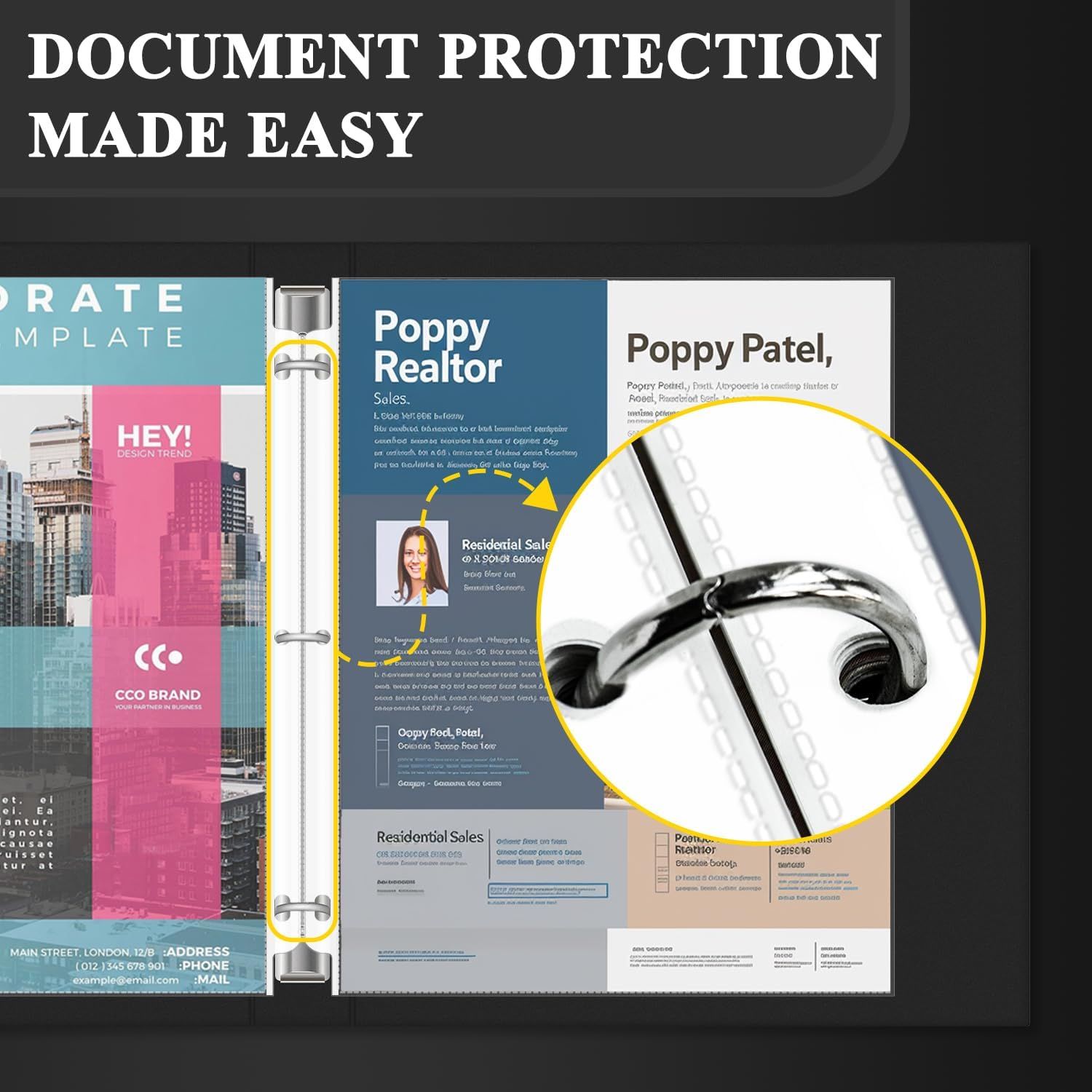 Communicates that the product provides easy and secure document protection through its binding mechanism, reassuring shoppers that their documents will be…