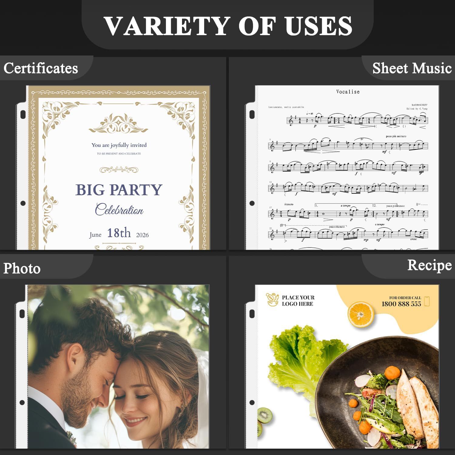 Demonstrates the product's versatility by showing it can be used for multiple different purposes—storing certificates, sheet music, photos, and…