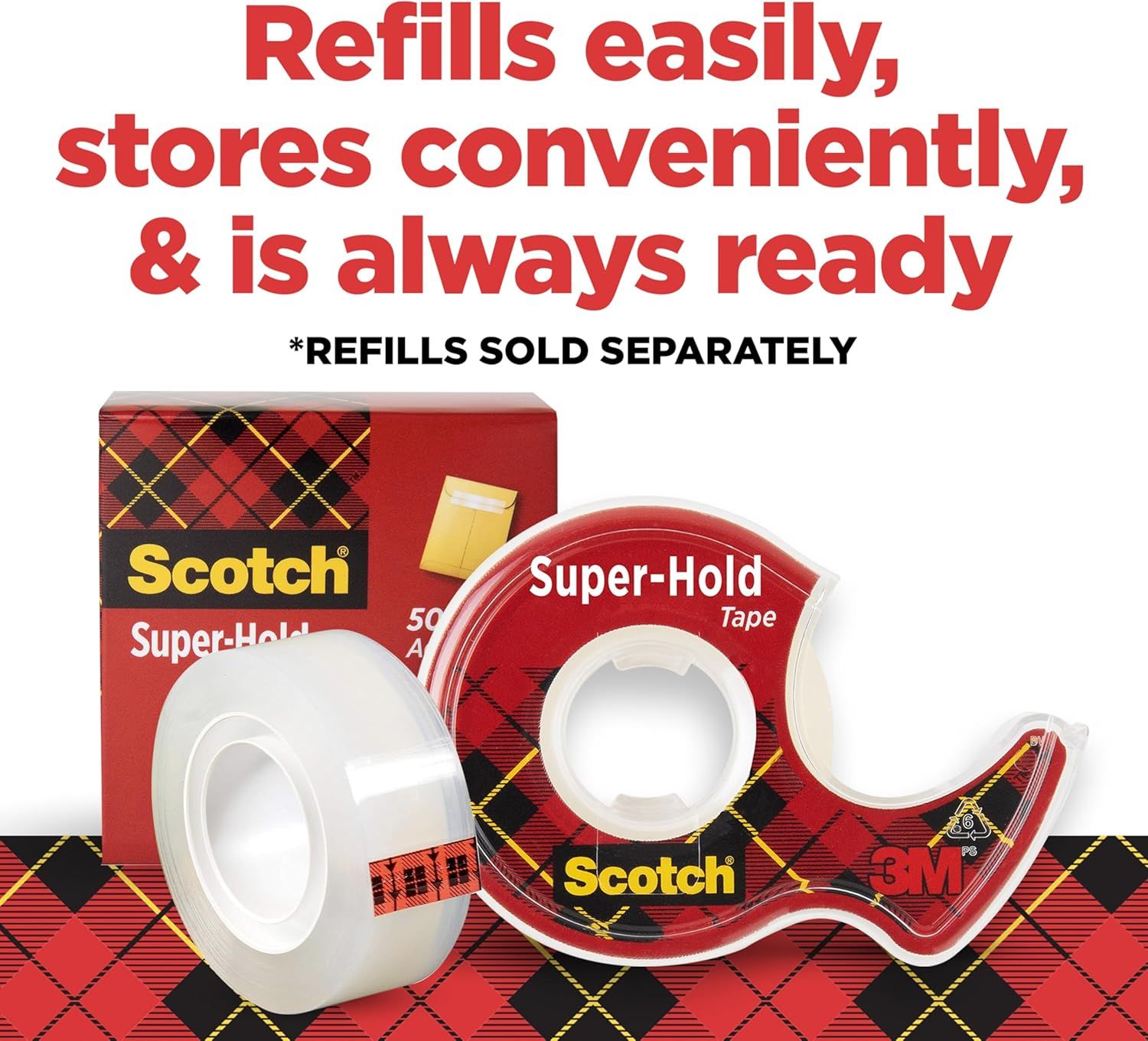 Communicates that the tape dispenser system is refillable and convenient, reassuring shoppers that they can easily replace tape rolls and keep the dispenser…