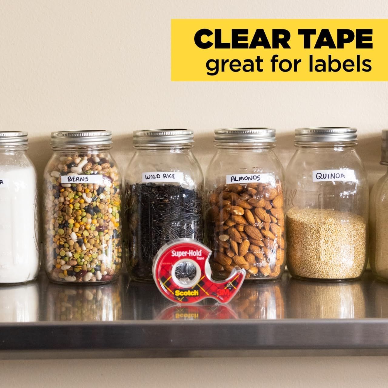 Demonstrates a practical use case for the clear tape product by showing how it can be used to create labels for kitchen storage jars, helping shoppers visualize the product in a real-world…