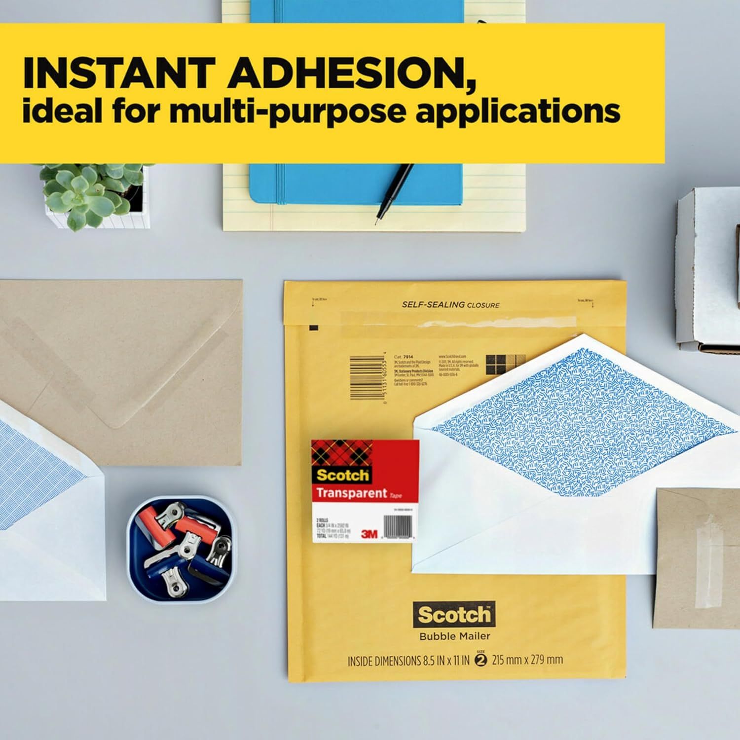 Demonstrates the product's versatility by showing it in multiple real-world contexts (envelopes, notebooks, office supplies, mailing materials) to communicate…