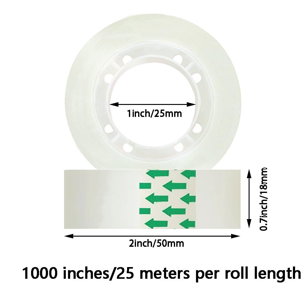 Communicates the exact physical dimensions of the product (1 inch/25mm inner diameter, 2 inch/50mm width, 0.7 inch/18mm height) and roll length (1000…