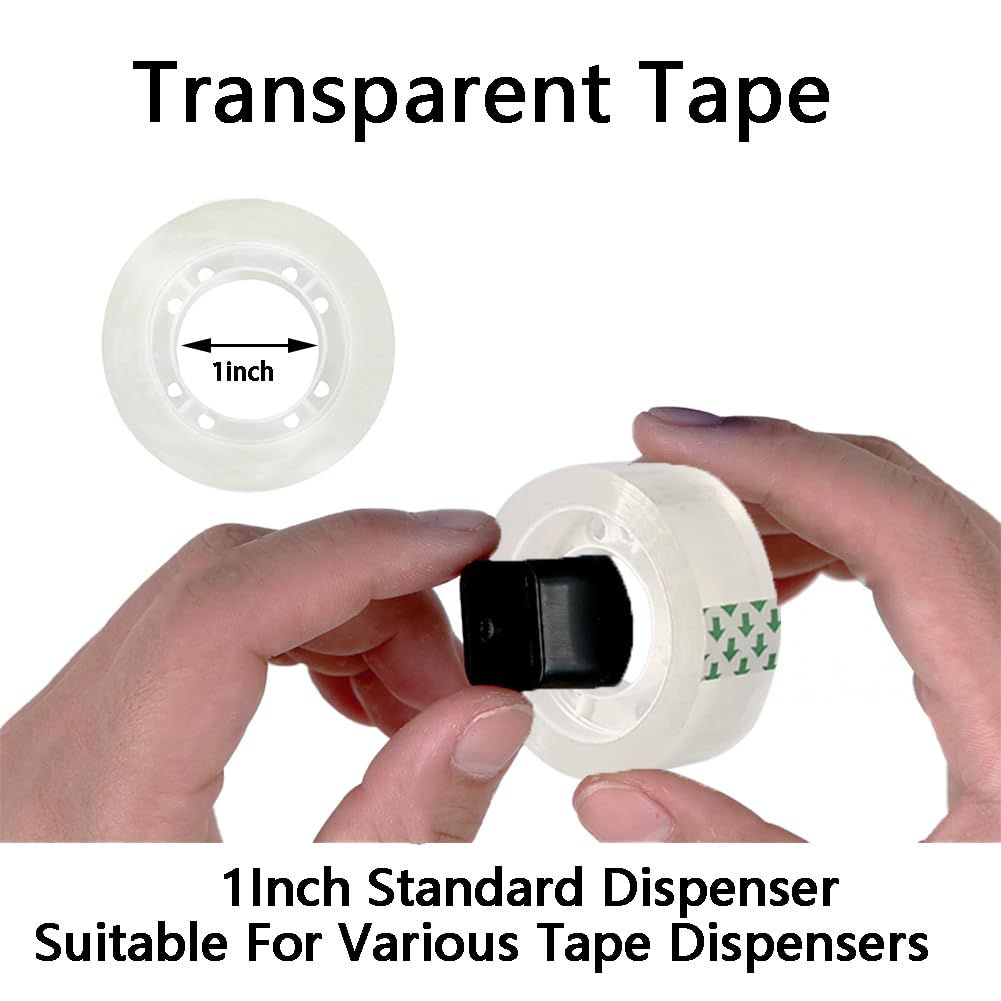 Communicates the physical dimensions of the tape roll (1 inch core) to reassure shoppers it will fit standard tape dispensers. Highlights that this…