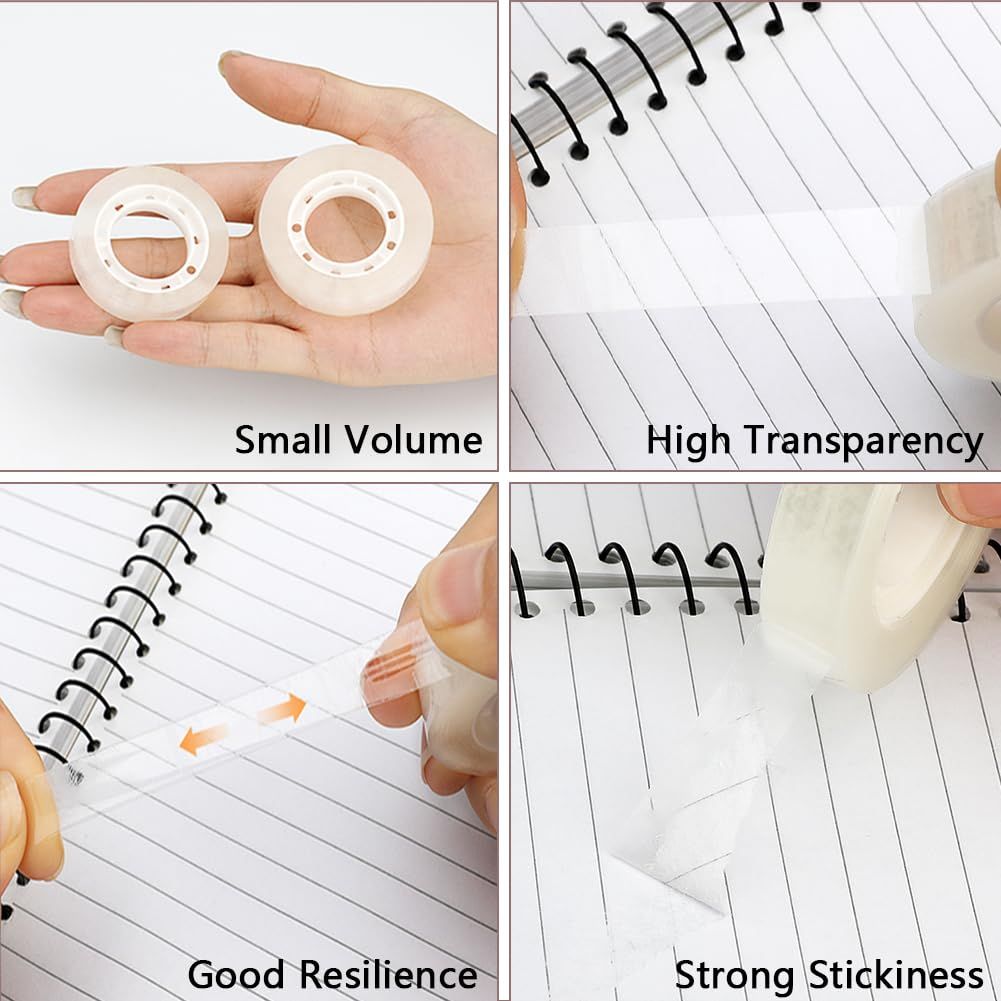 Showcases four distinct product benefits in a segmented layout to communicate the tape's compact size, clarity, flexibility, and adhesive strength.