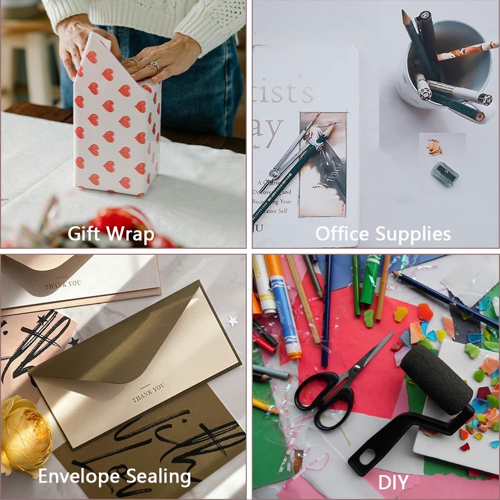 Demonstrates the brand's product versatility by showcasing multiple applications including gift wrap, office supplies, envelope sealing, and DIY crafts to…