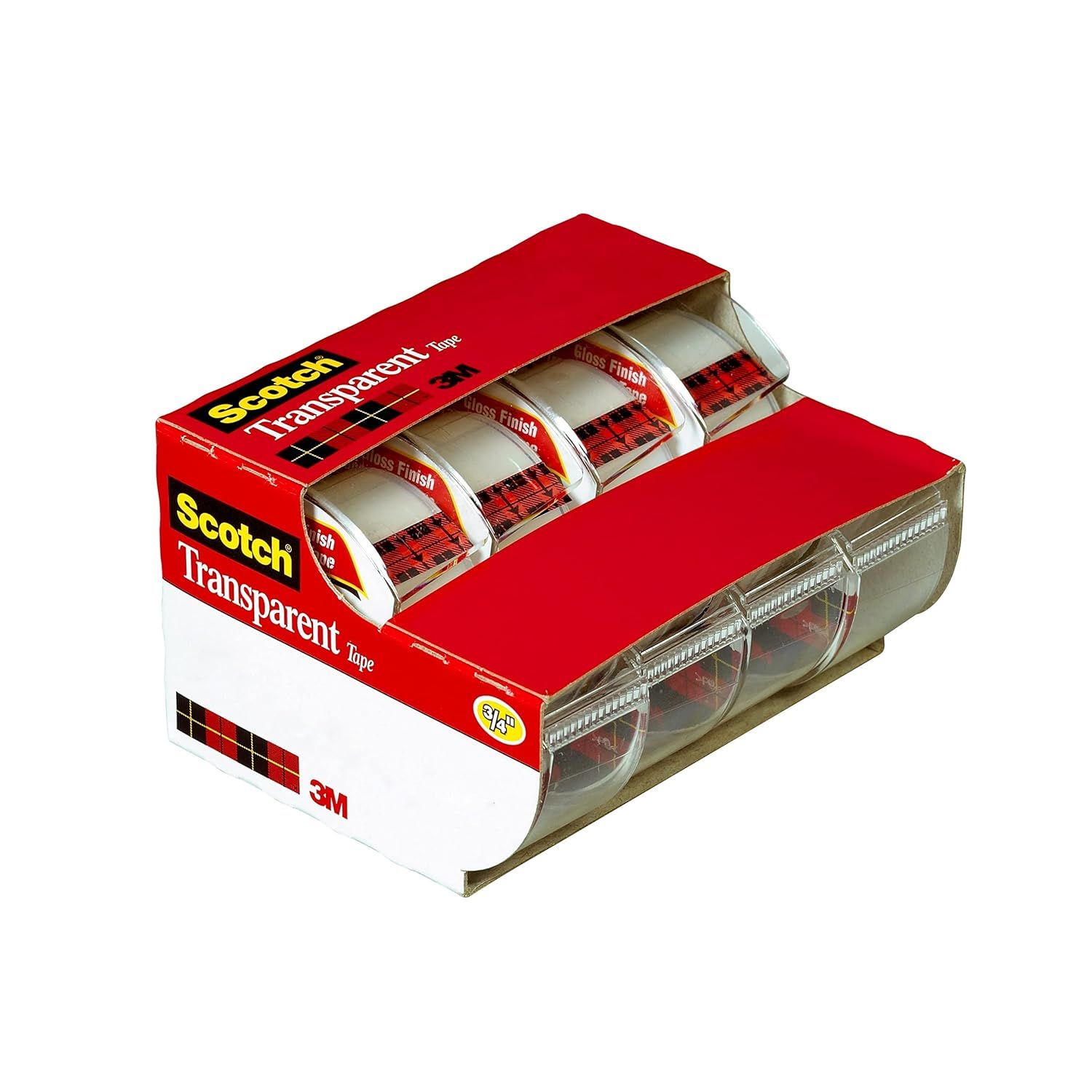 Shows the customer exactly what they receive in the package: multiple rolls of Scotch Transparent Tape in dispensers, demonstrating the value and quantity included in this bundle purchase.