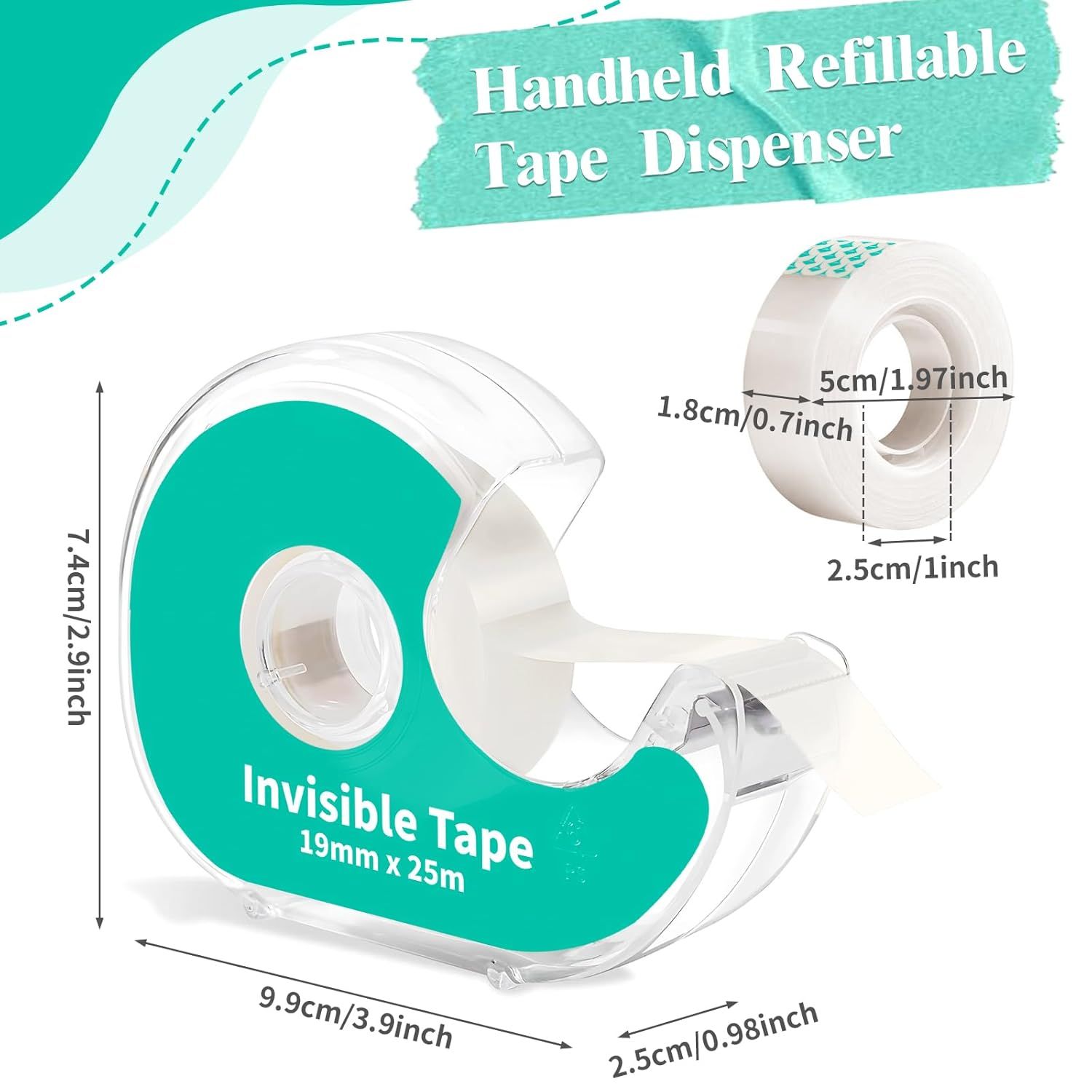 Communicates the exact physical dimensions of the tape dispenser and tape roll to help shoppers understand the product's size and ensure it meets their needs.