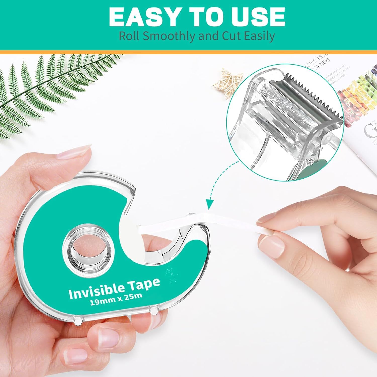Demonstrates how to use the invisible tape dispenser by showing the simple process of rolling out and cutting the tape, reassuring shoppers that the product…