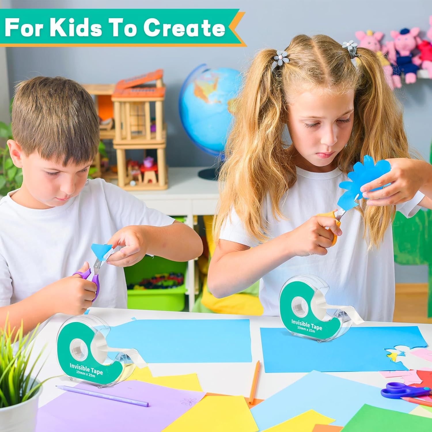 Demonstrates the product's use in a creative, kid-friendly arts and crafts setting, showing children actively using the invisible tape to make colorful paper…