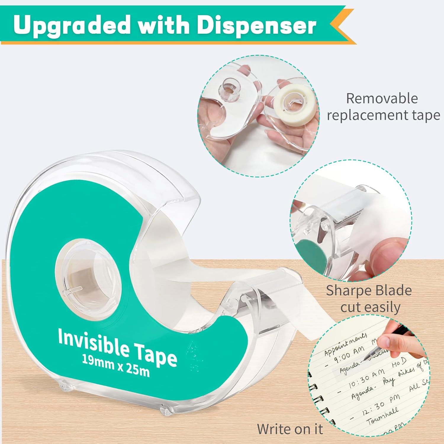 Highlights three distinct benefits of the upgraded tape dispenser: the convenience of removable replacement tape, the sharp blade for easy cutting, and the…
