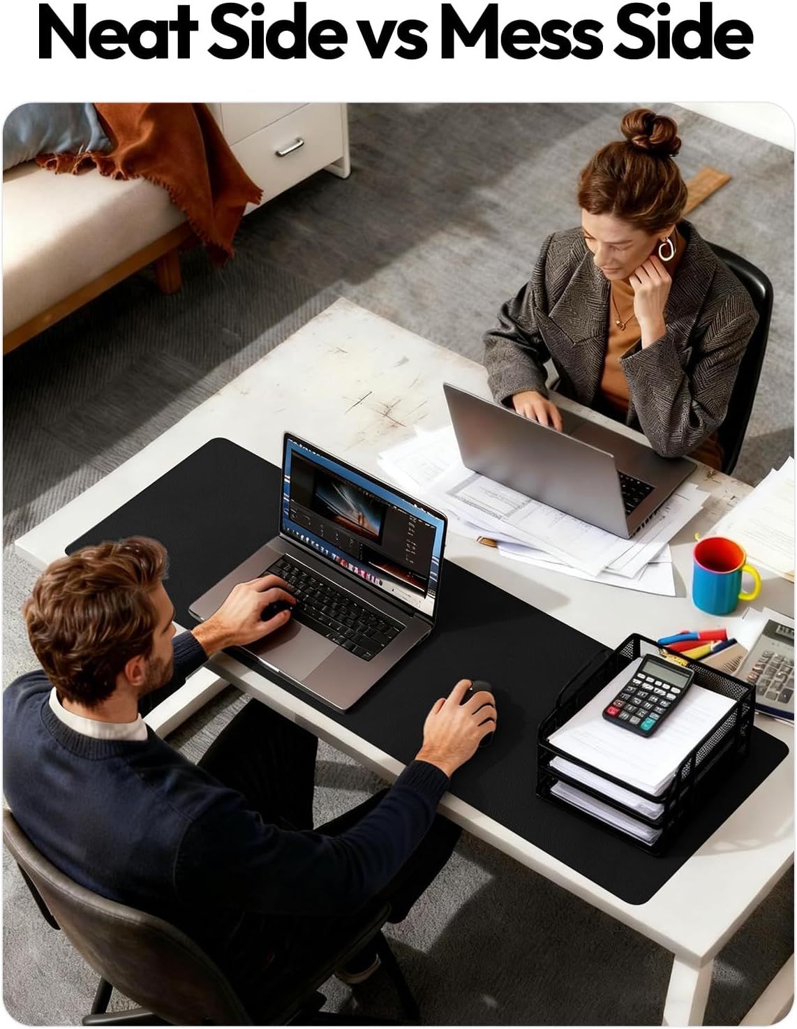 Demonstrates the product's ability to transform a messy desk into a neat, organized workspace by showing a side-by-side comparison of the same desk with and without the product.