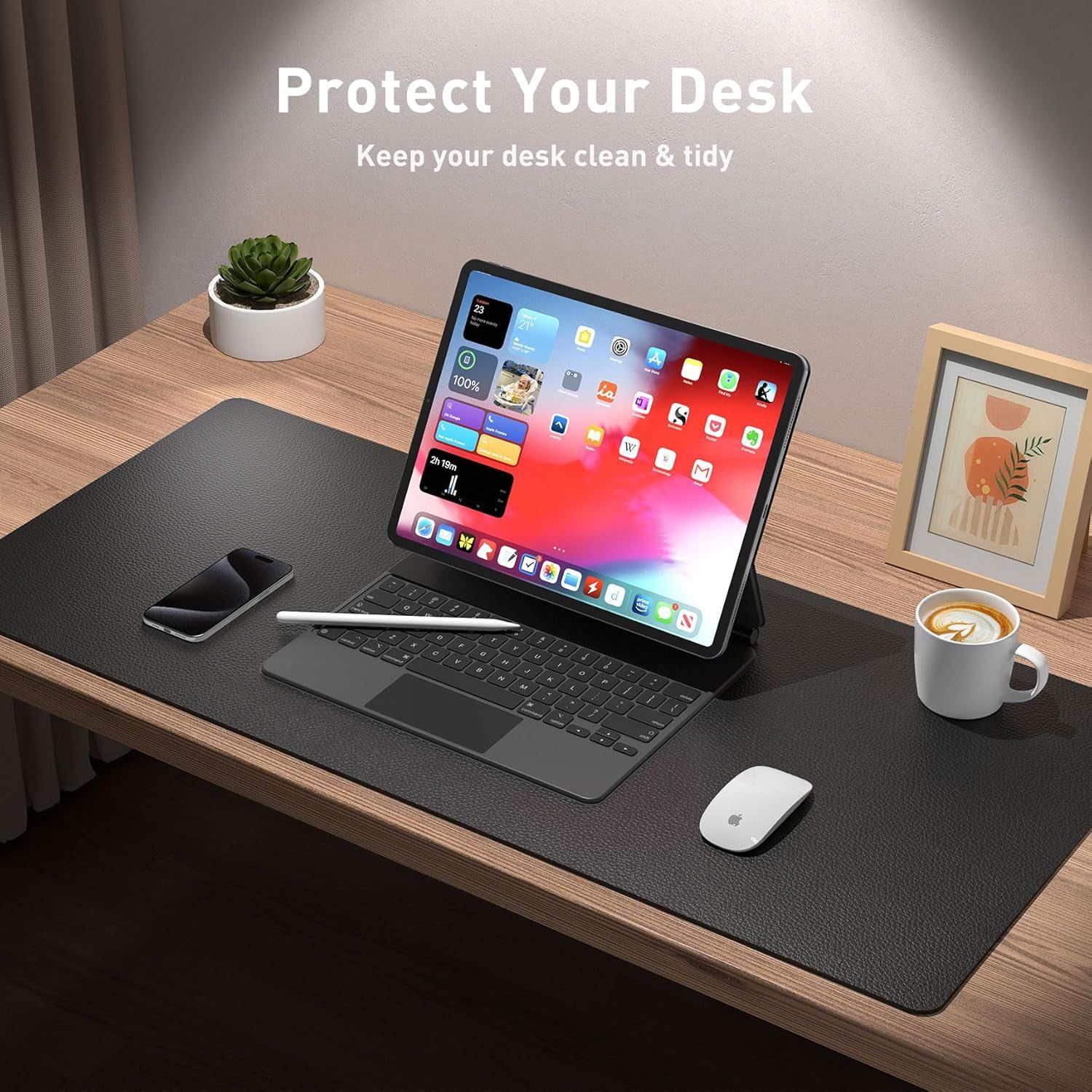 Communicates that the desk mat protects the desk surface while keeping the workspace clean and organized, appealing to shoppers looking for functional desk…