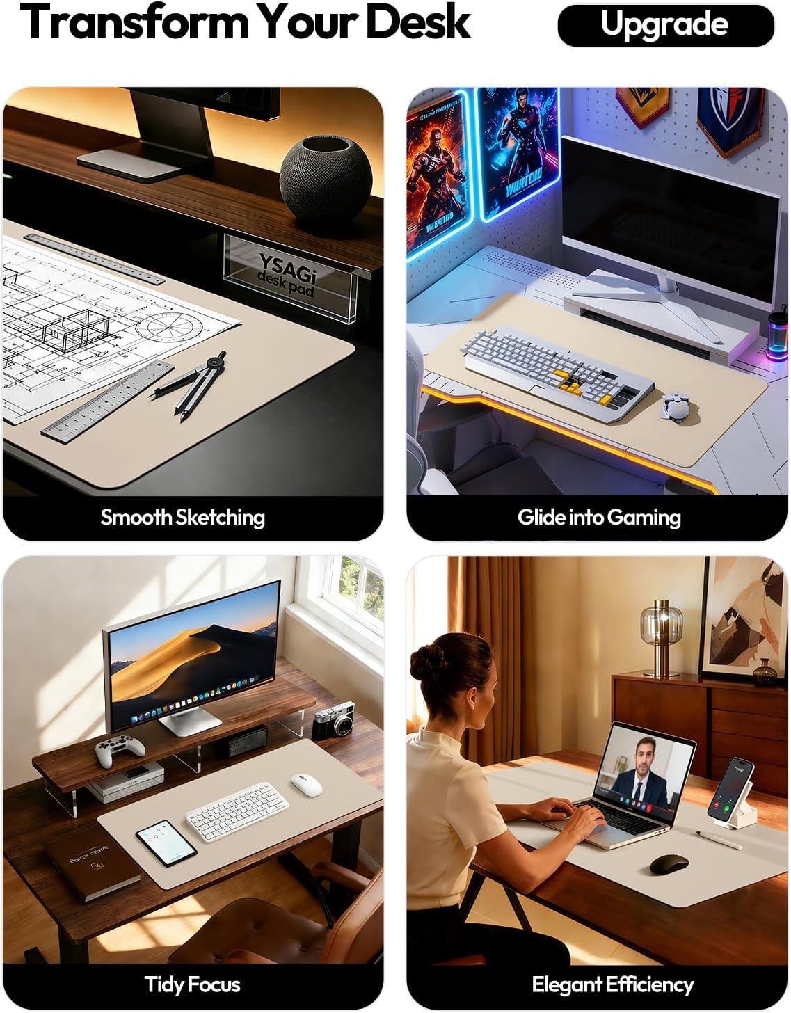 Demonstrates the desk pad's versatility across four distinct work and lifestyle scenarios—creative work, gaming, productivity, and remote communication—to show shoppers it adapts to their varied…