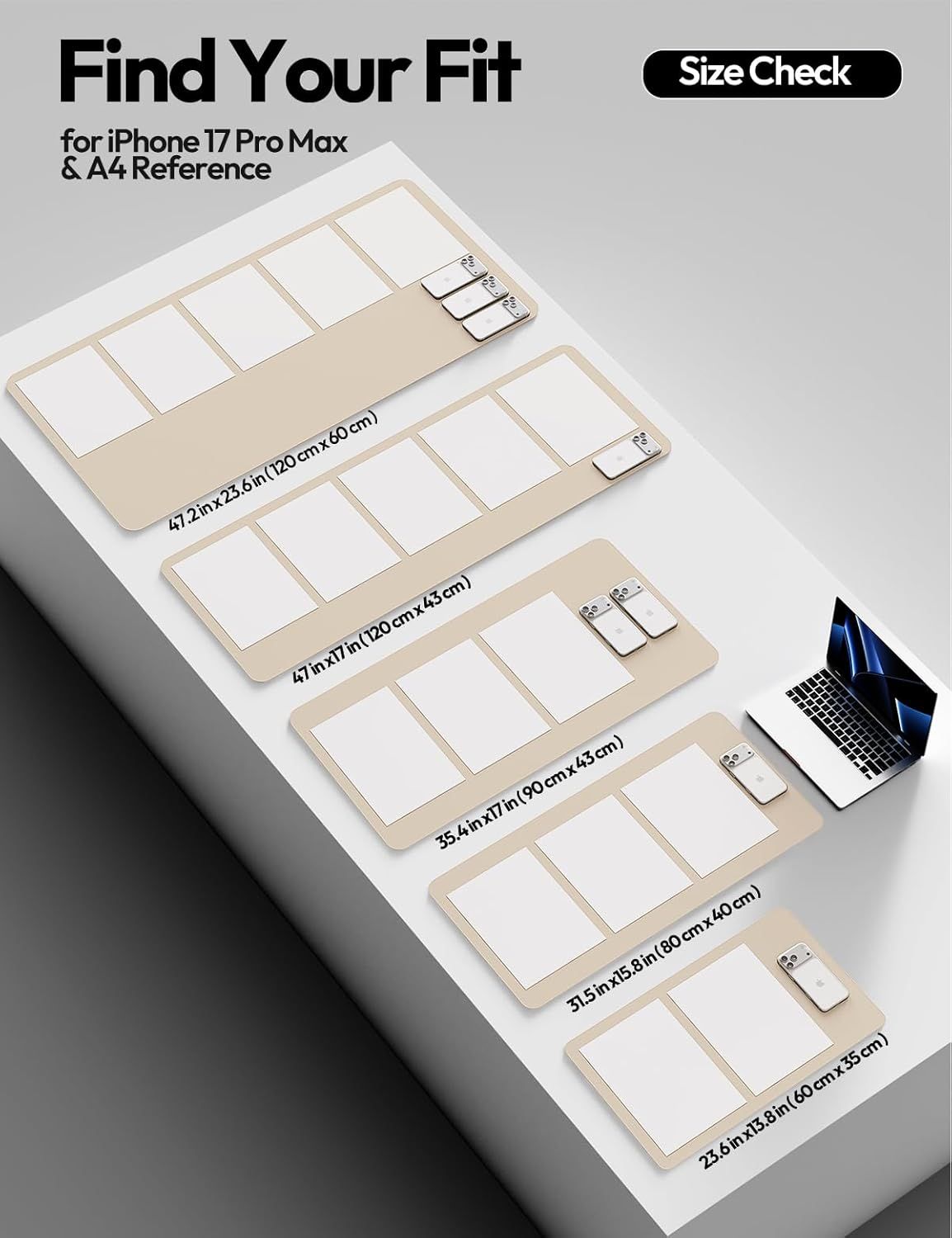 Helps shoppers determine which product size fits their needs by showing multiple size options with exact dimensions and an iPhone 17 Pro Max and A4 reference for scale.