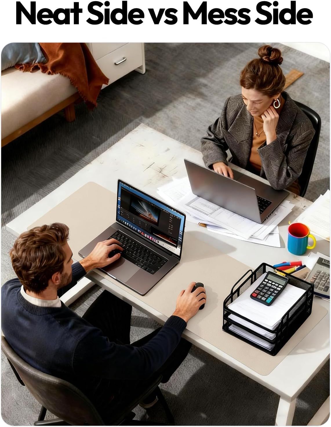 Demonstrates the product's ability to organize and declutter a workspace by showing a neat side versus a messy side comparison, reassuring shoppers of its effectiveness in maintaining order.