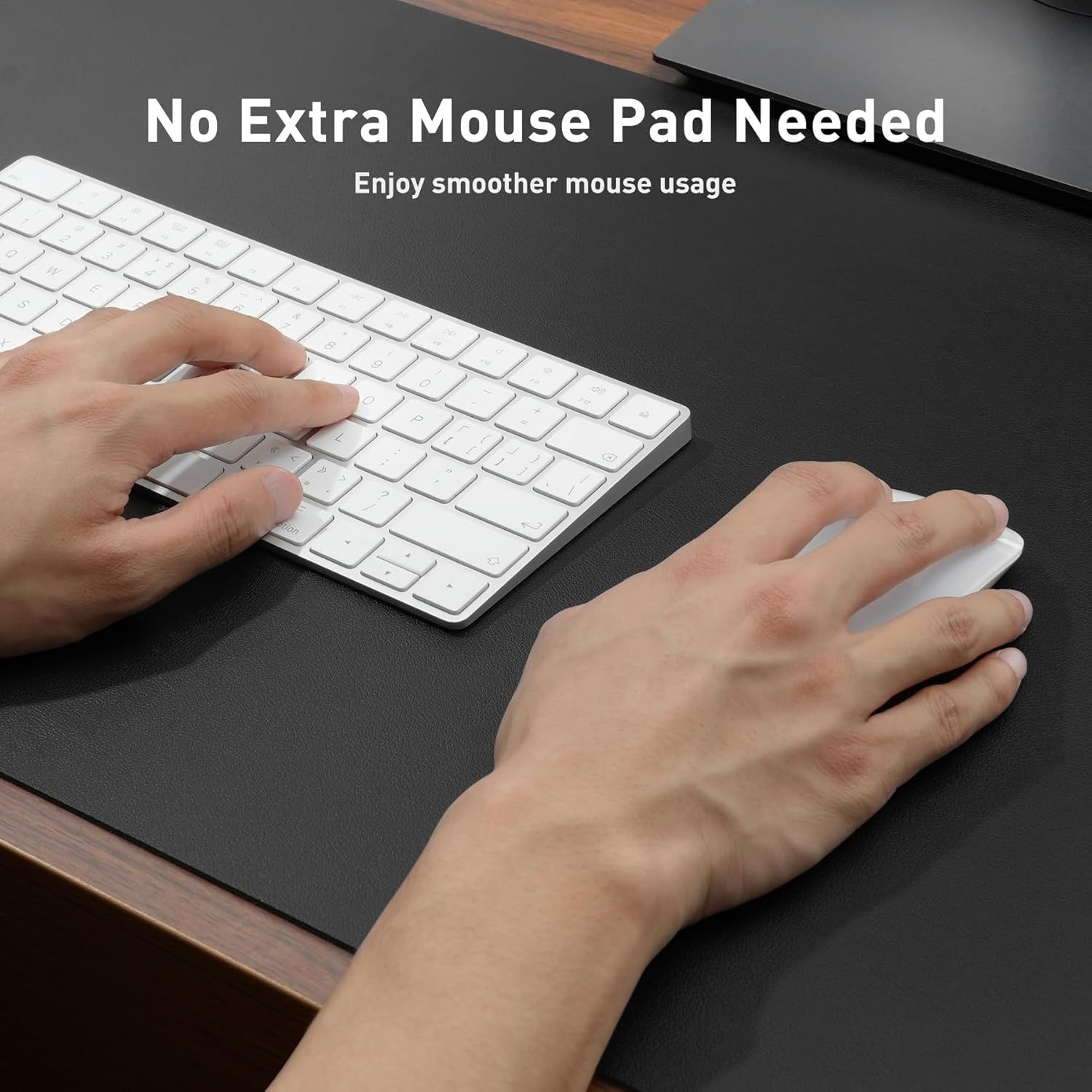 Communicates that the desk mat provides a smooth, integrated surface for mouse usage, eliminating the need for a separate mouse pad and offering convenience…