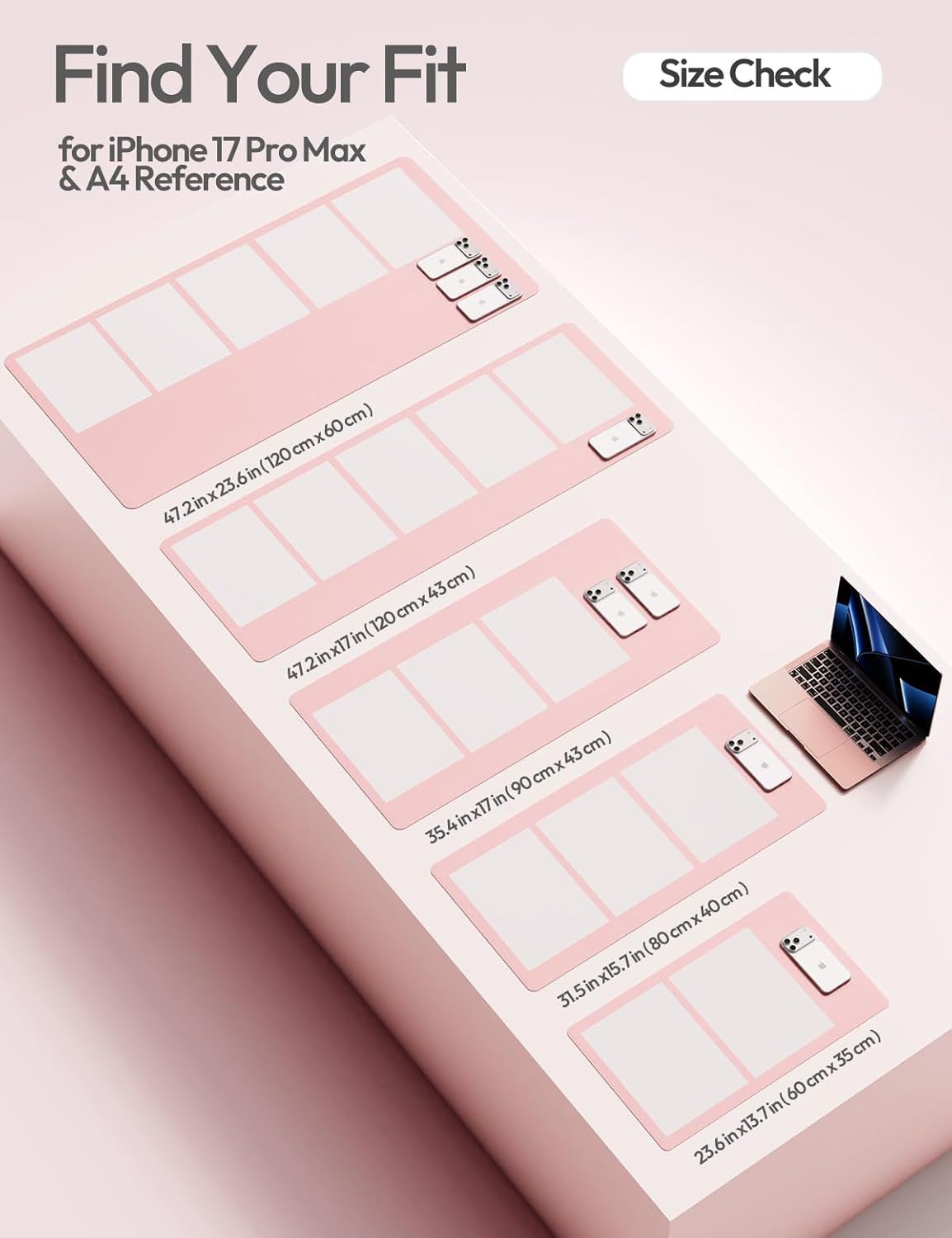 Helps shoppers determine the correct product size by comparing the iPhone 17 Pro Max and A4 paper as reference objects against multiple size options of the product (likely a desk mat or mousepad).