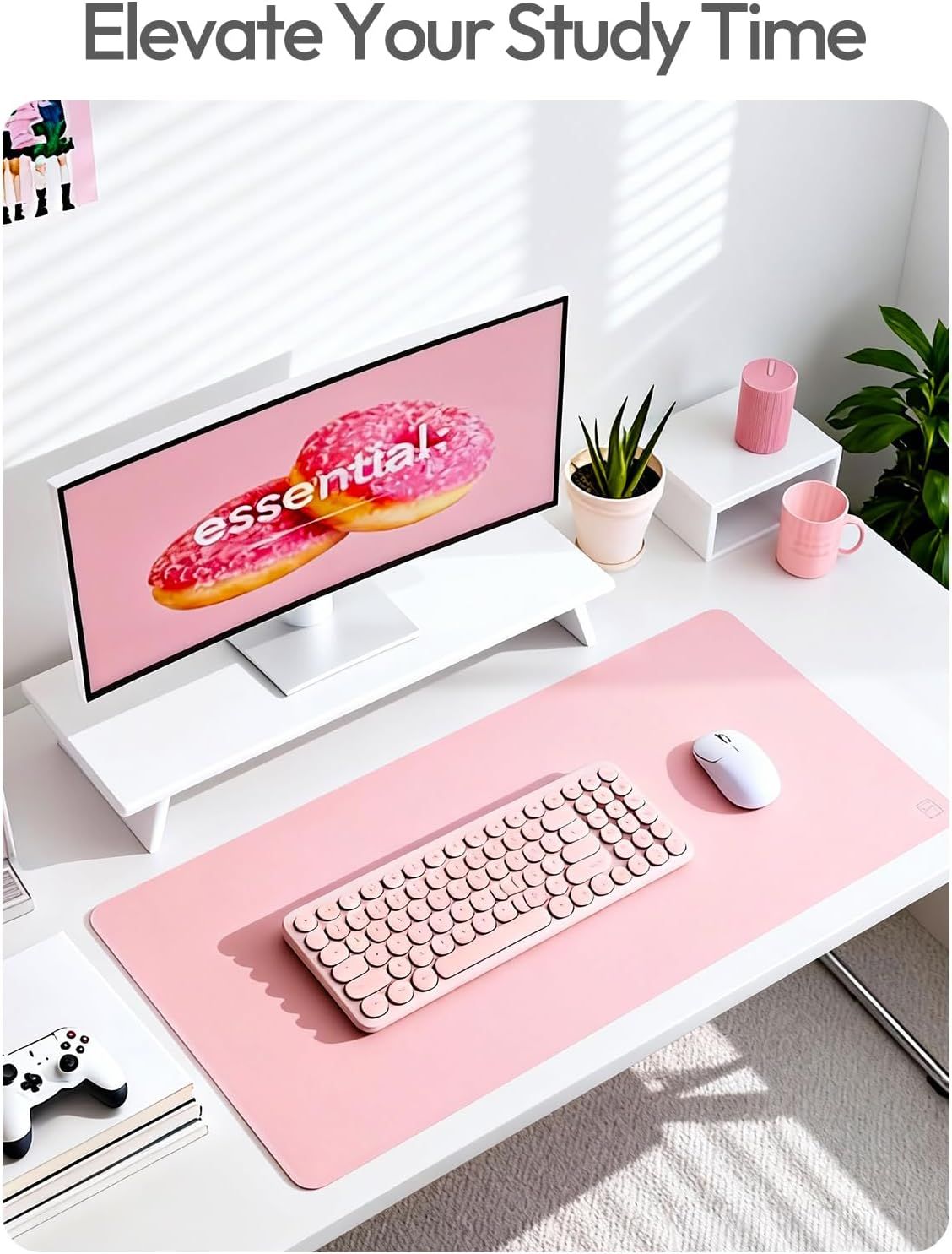 Showcases the product (desk mat/pad) in an aesthetically pleasing, real-world study or work environment to help shoppers visualize how it fits into their lifestyle and workspace.