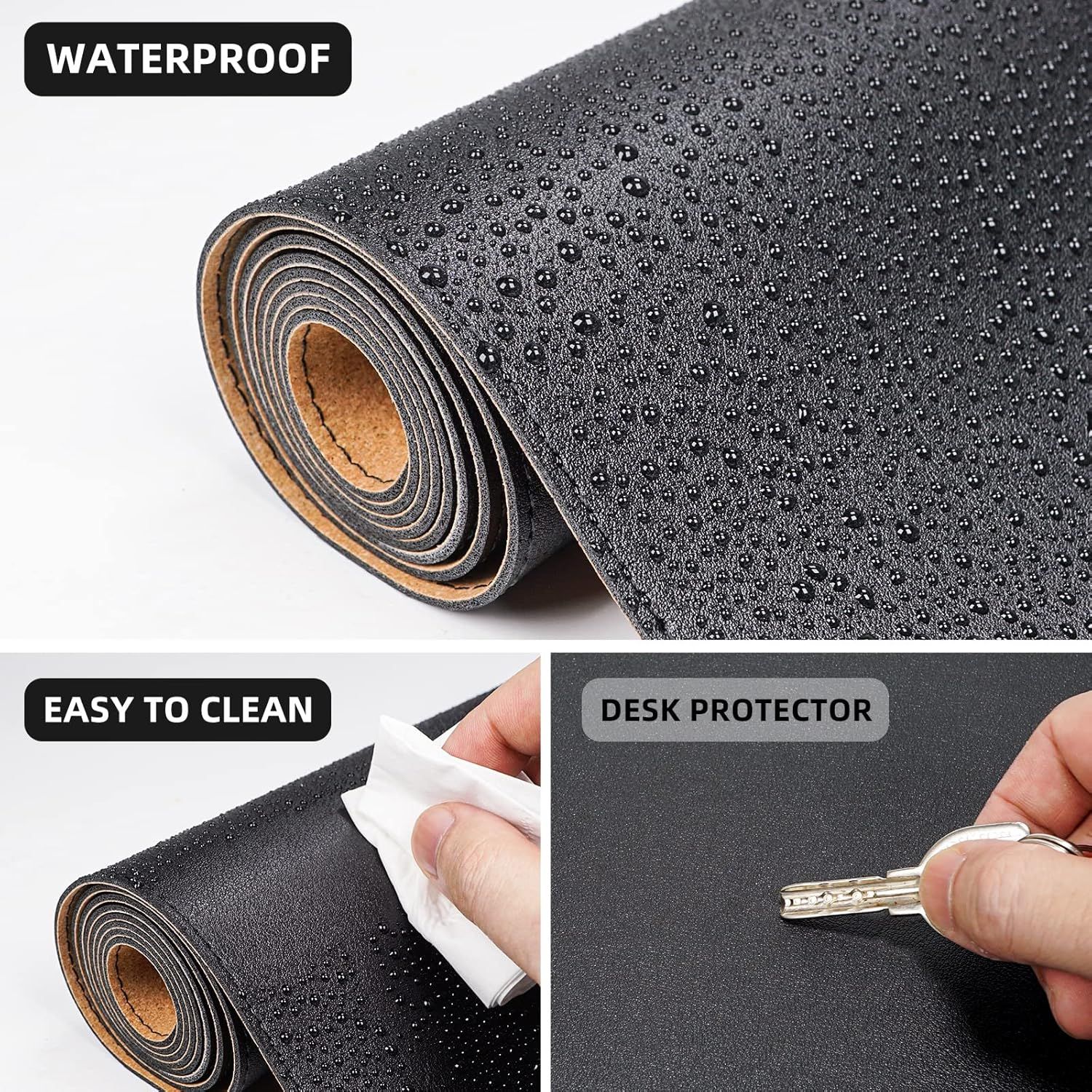Communicates three distinct product benefits in a segmented layout: waterproof protection shown by water beading, easy maintenance demonstrated by cleaning, and desk protection functionality…