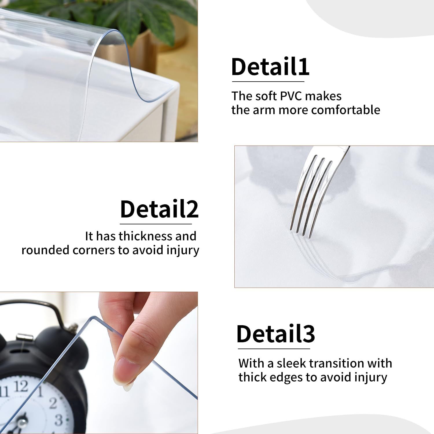 This image breaks down the physical construction details of the product to show shoppers the thoughtful design elements that enhance comfort and safety, including the soft PVC material, rounded…