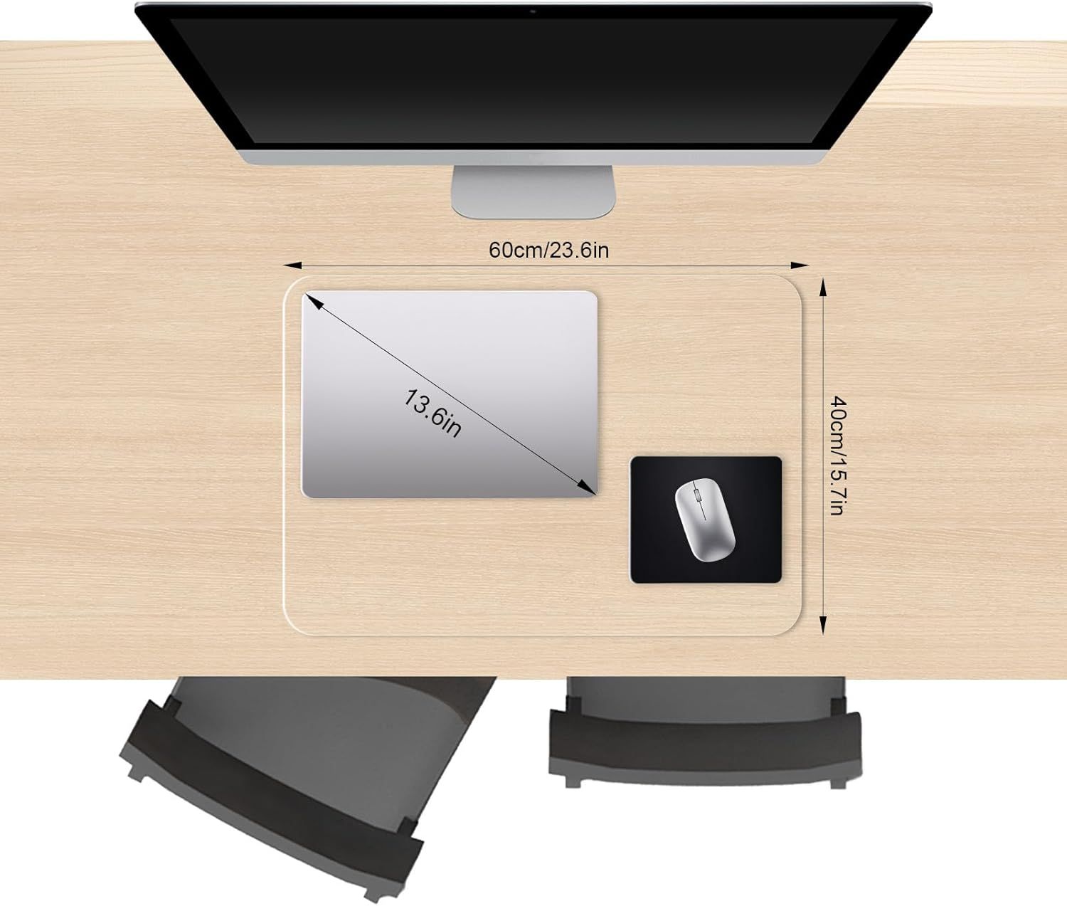 Communicates the exact physical dimensions of the desk mat (60cm x 40cm / 23.6in x 15.7in) and shows it can accommodate a 13.6in laptop plus mouse, helping shoppers understand if it fits their…
