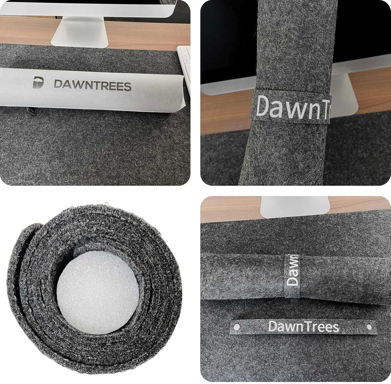 Demonstrates the physical construction and branding details of the desk mat product, showing how the DawnTrees logo is integrated into different parts of the mat and highlighting the material…