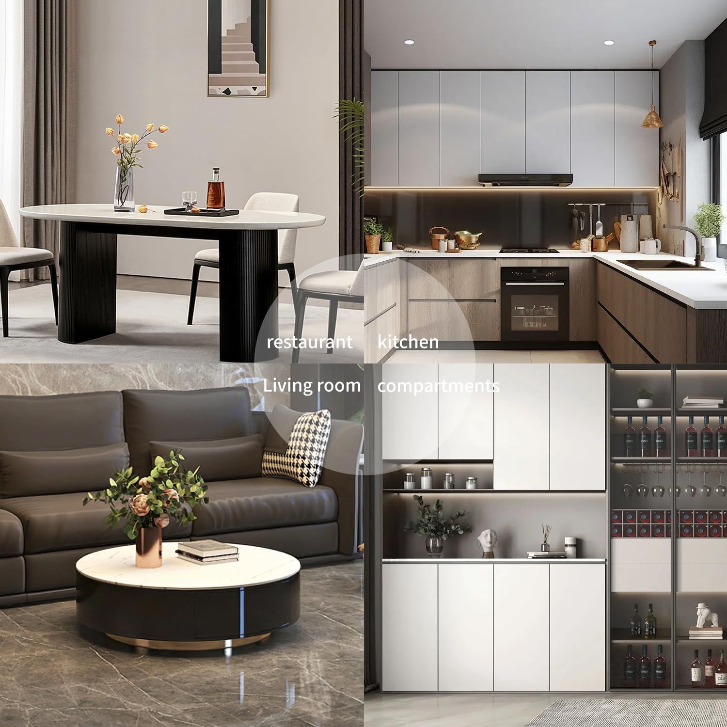 Showcases the brand's product portfolio across different room types (restaurant, kitchen, living room, compartment) to demonstrate versatility and help shoppers visualize the product line's range of…