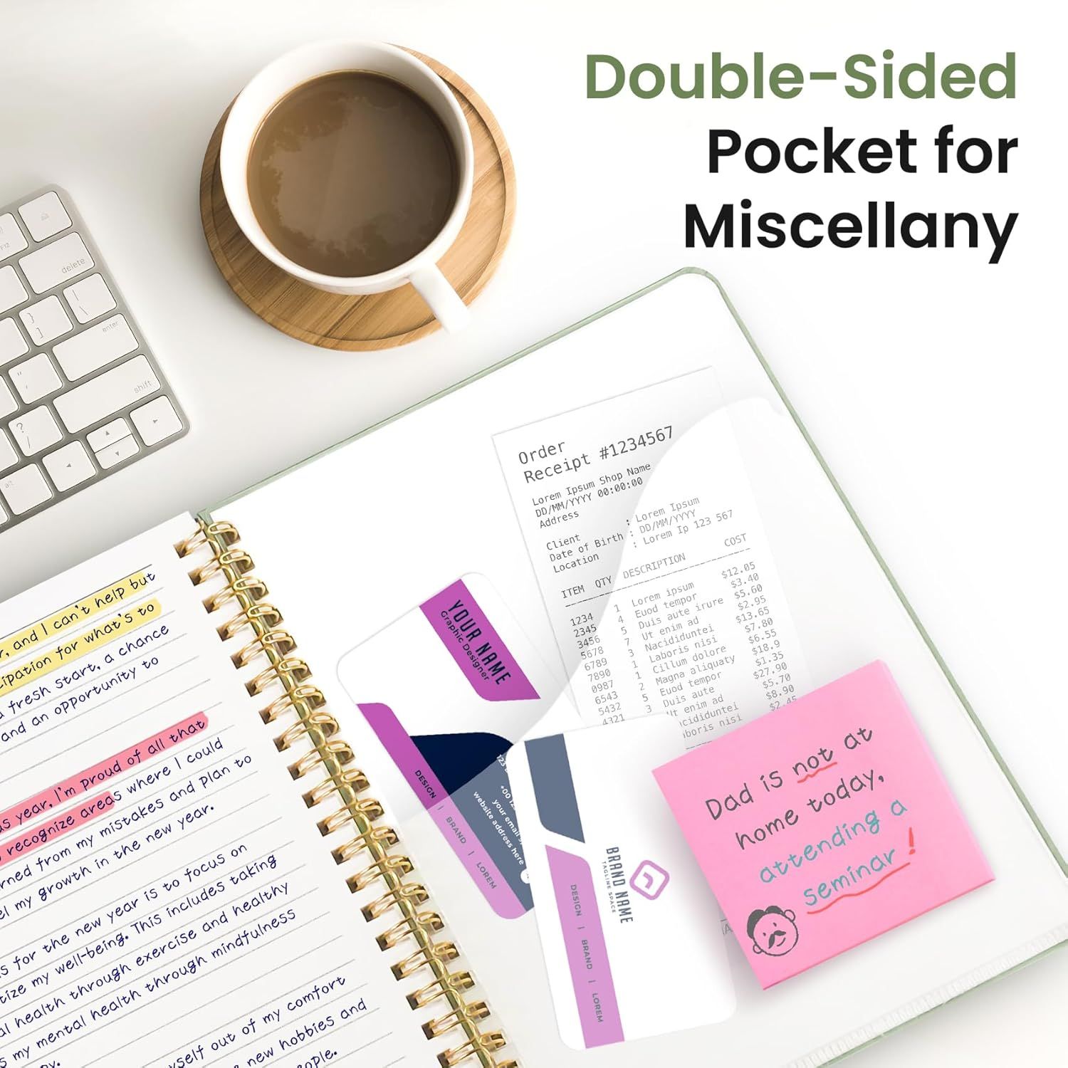 Highlights the product's double-sided pocket feature designed to organize and store miscellaneous items like receipts, notes, and sticky notes, emphasizing…