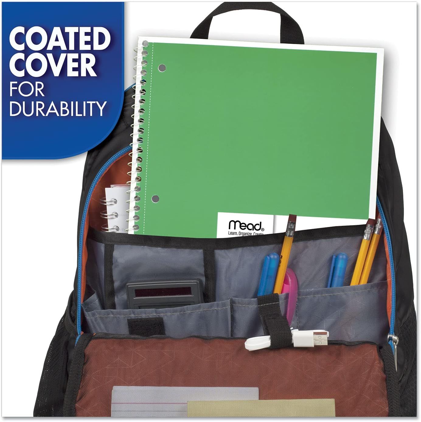 Highlights the durable coated cover feature of the notebook to reassure shoppers that the product can withstand daily wear and tear in a backpack or school…