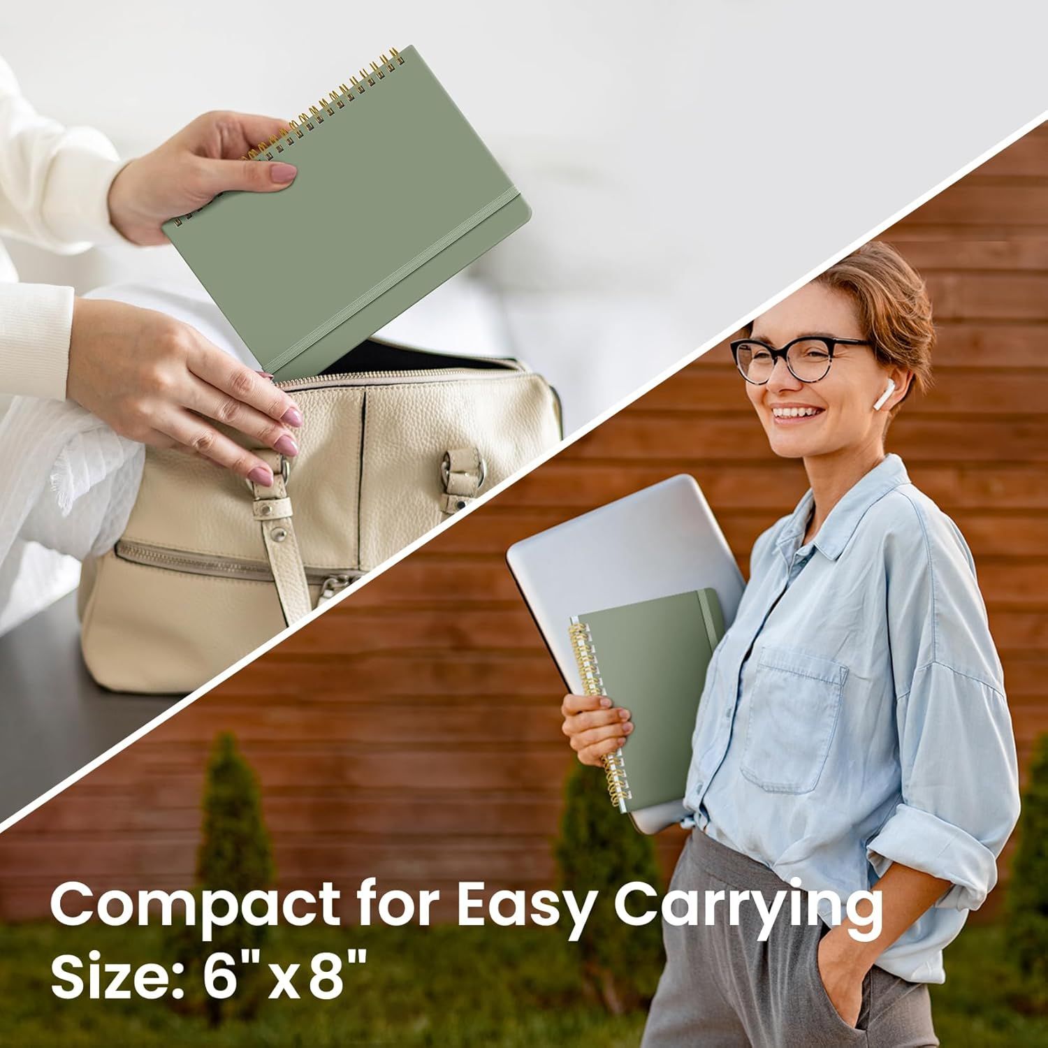 Communicates the notebook's compact 6" x 8" dimensions and demonstrates its portability by showing it fits easily in a bag and can be carried with a laptop,…