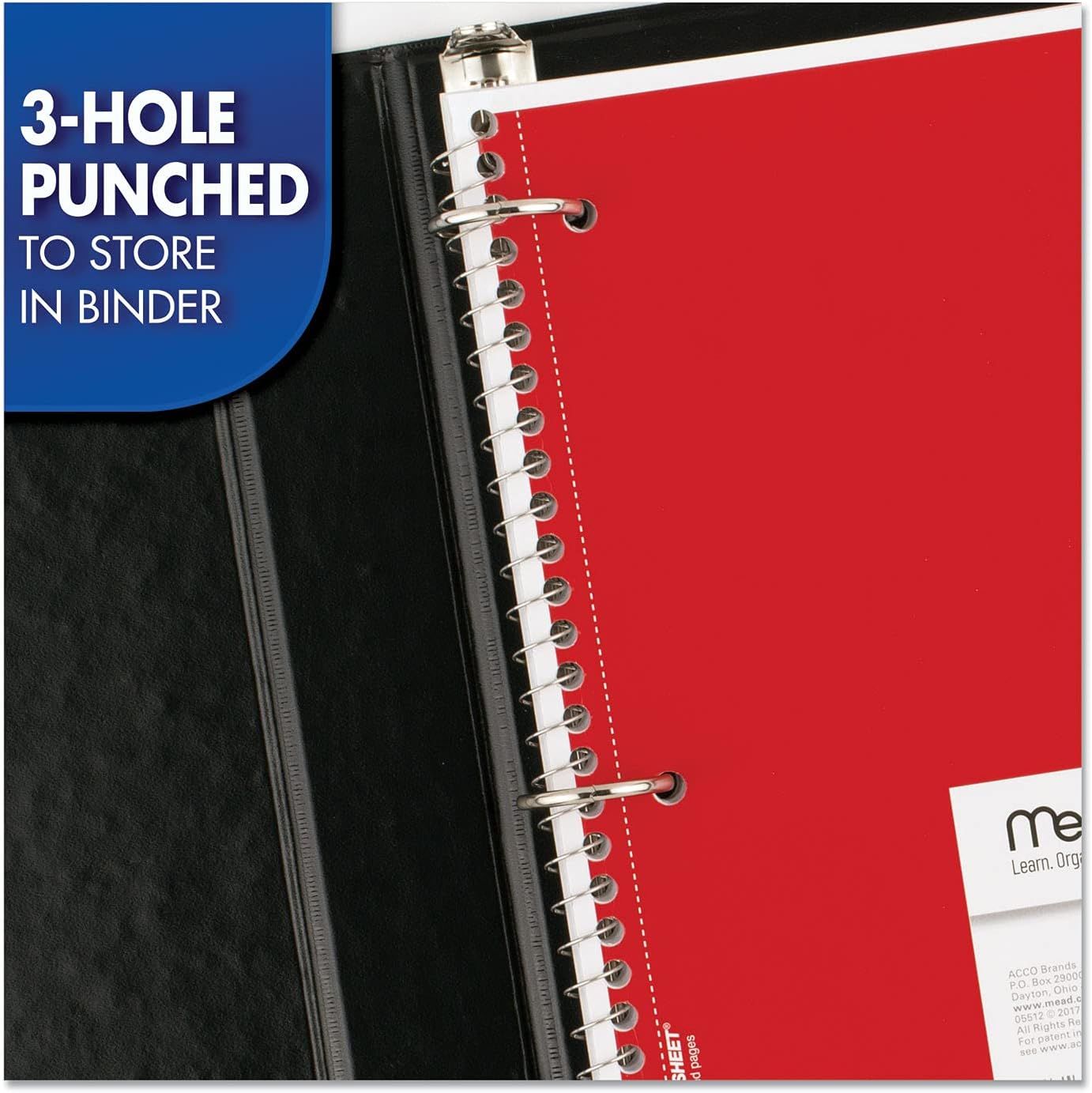 Highlights the product's 3-hole punched feature with visual callout to show shoppers it can be stored in a standard binder for organization. Communicates the key benefit that the product is…