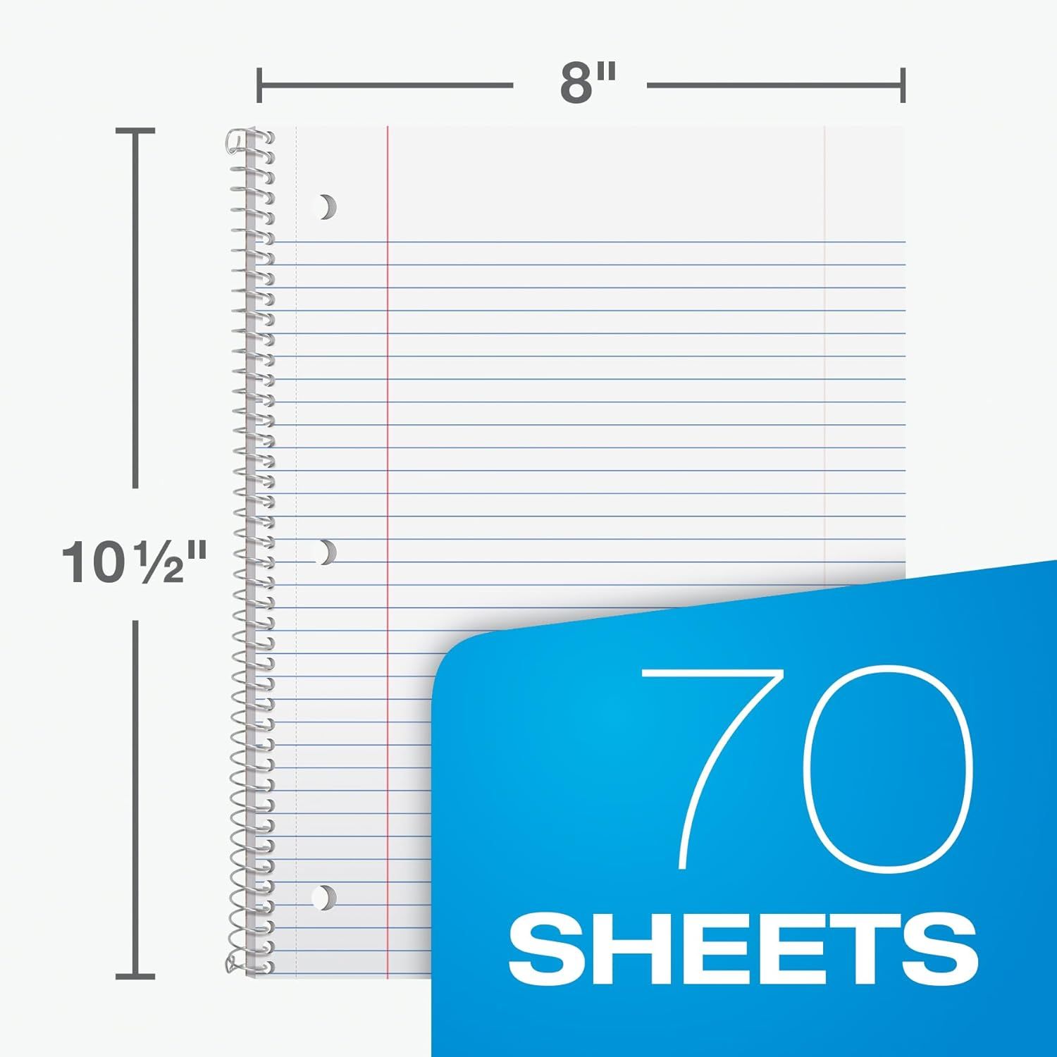 Communicates the exact physical dimensions of the notebook (8 inches wide by 10.5 inches tall) and the quantity of sheets (70) to help shoppers understand the…