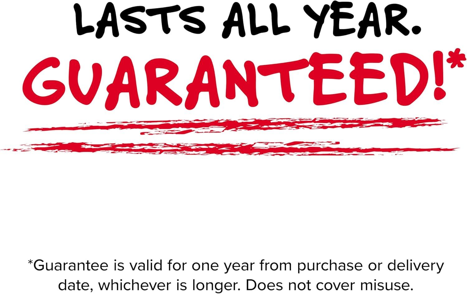 Communicates that the product is guaranteed to last all year, providing reassurance about durability and long-term value with a warranty promise.